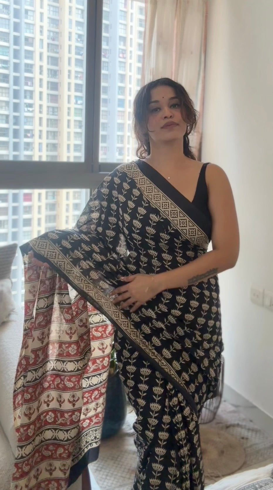 Jaipuri Handblock Print Black Saree