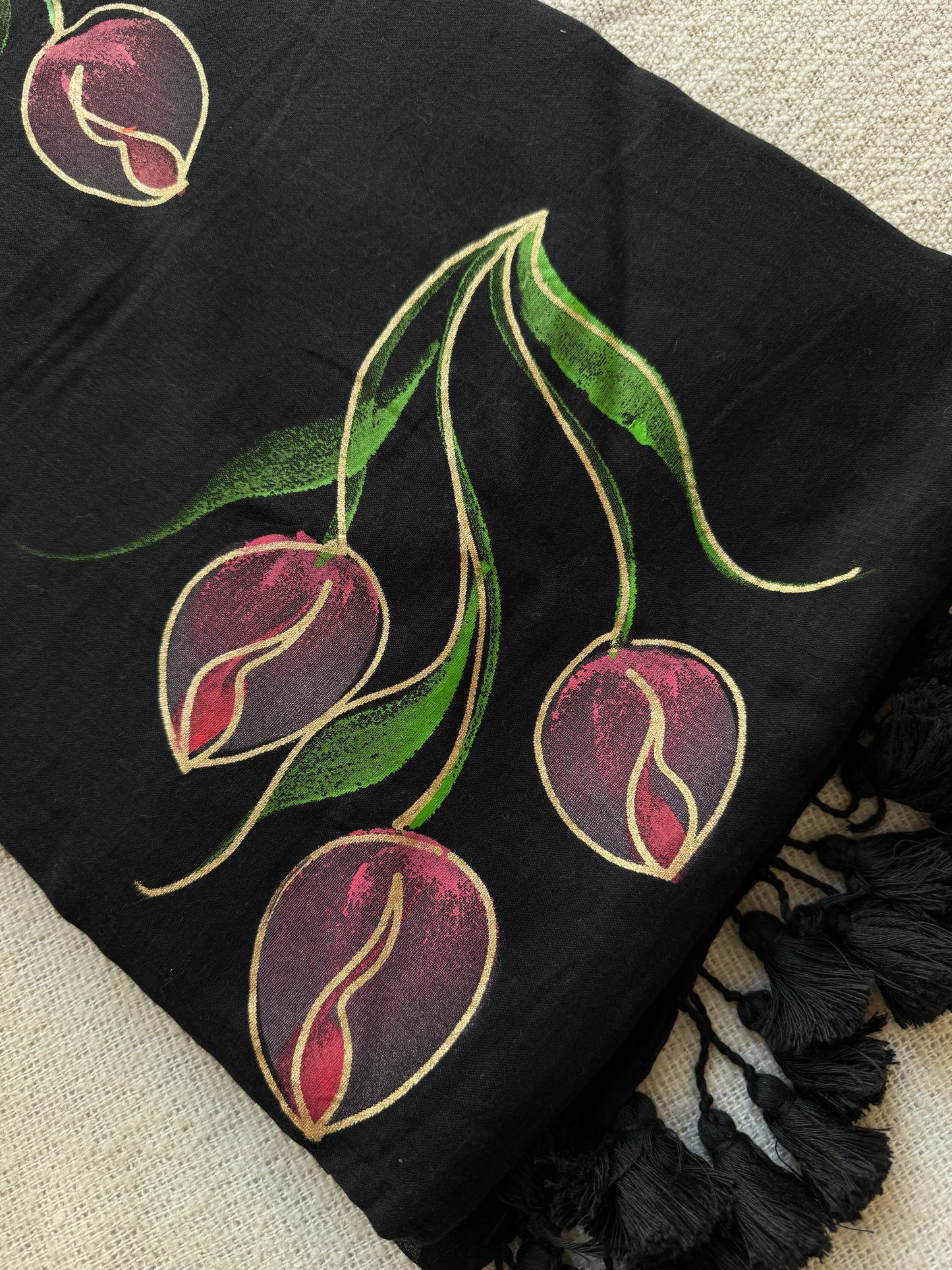 Handpainted Tulip Black Mul Cotton Saree