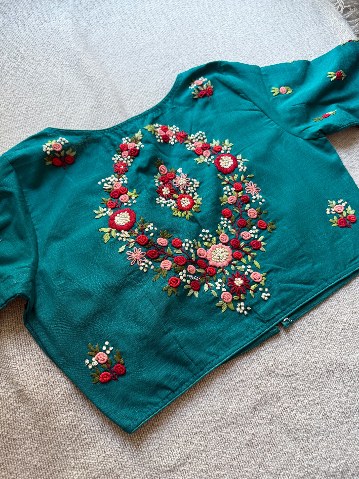 Hand-Embroidered Teal Non-Padded Blouse