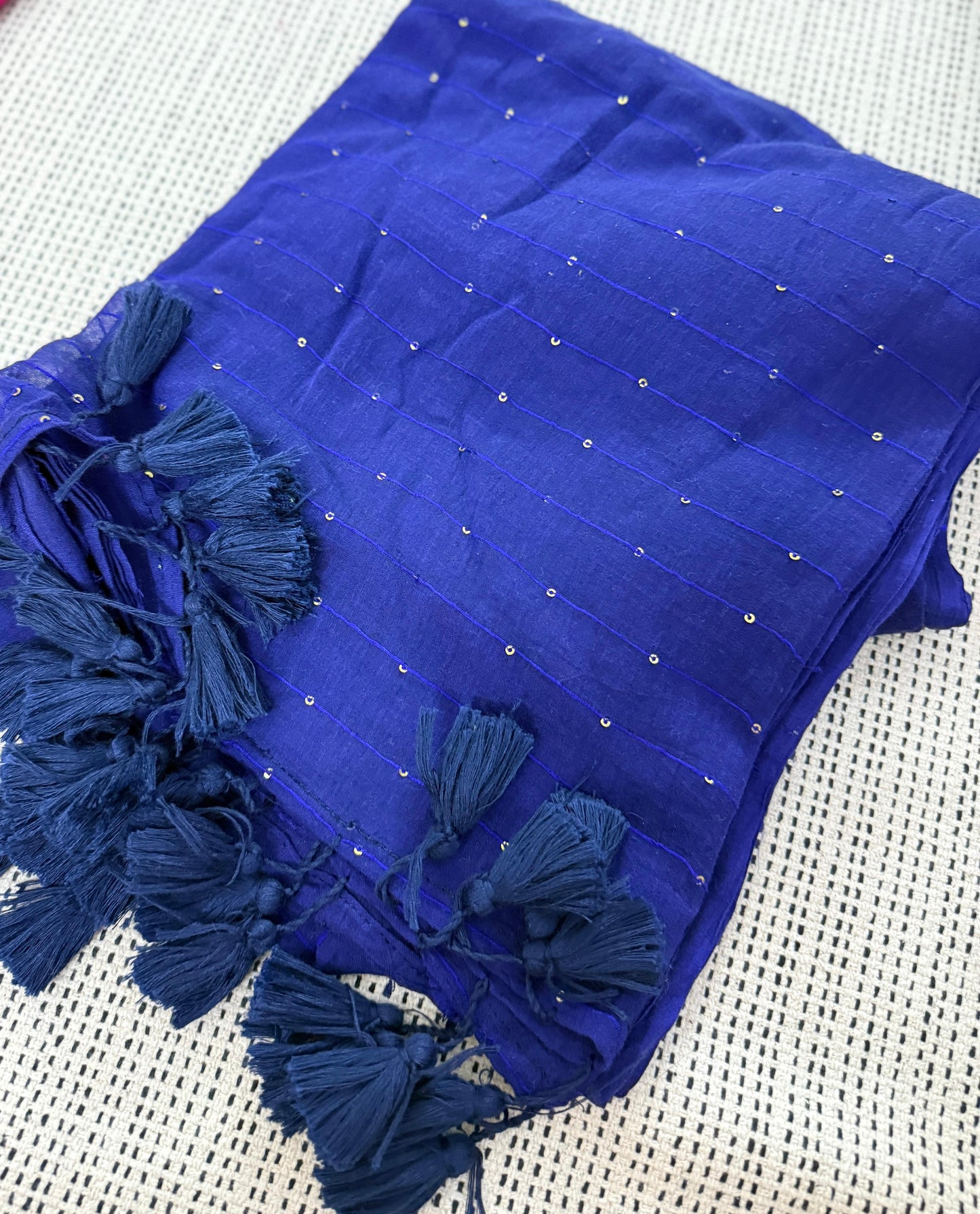 Blue Sequin Work Mul Cotton Saree