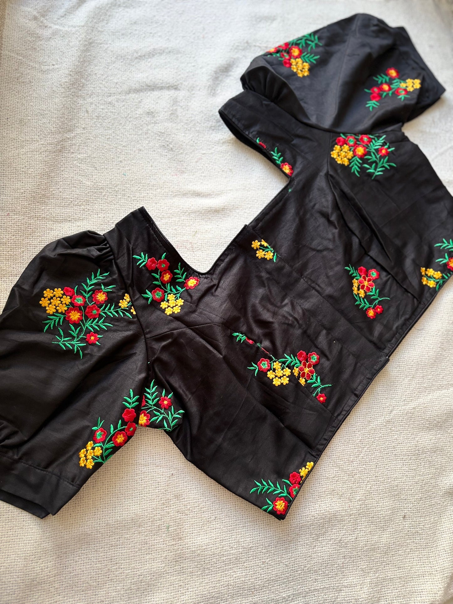 Puff Sleeves Embroidered Black Blouse