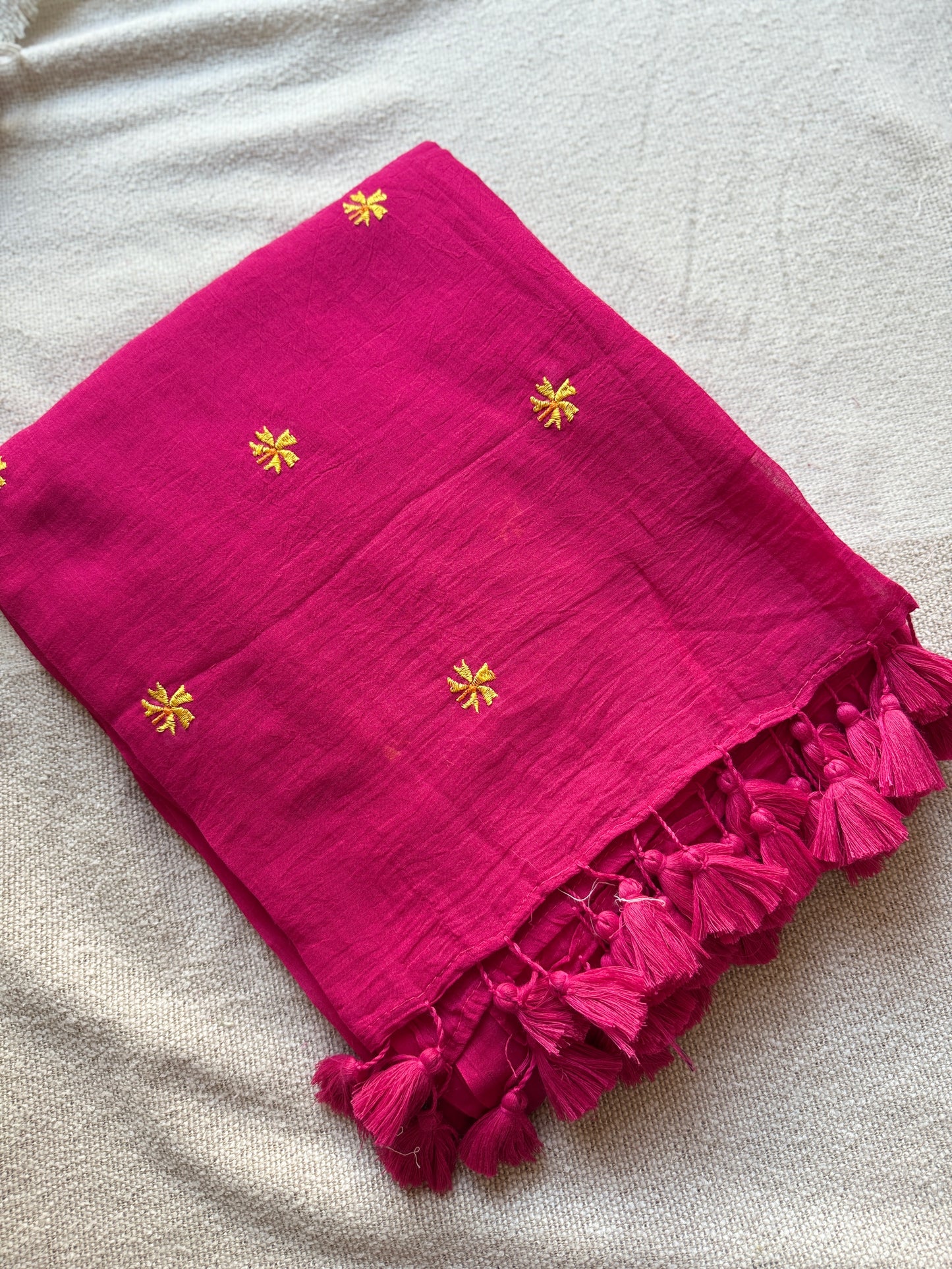 Pink Mul Cotton Contrast Parijaat Embroidered Saree