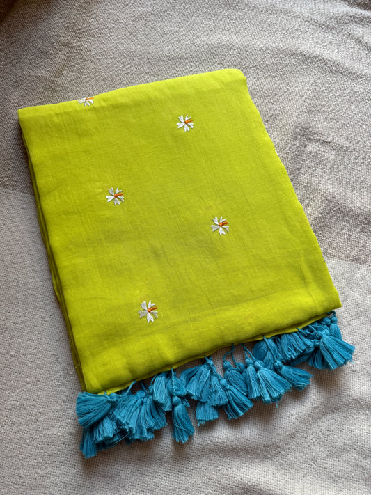 Neon Green Parijaat Mul Cotton Saree