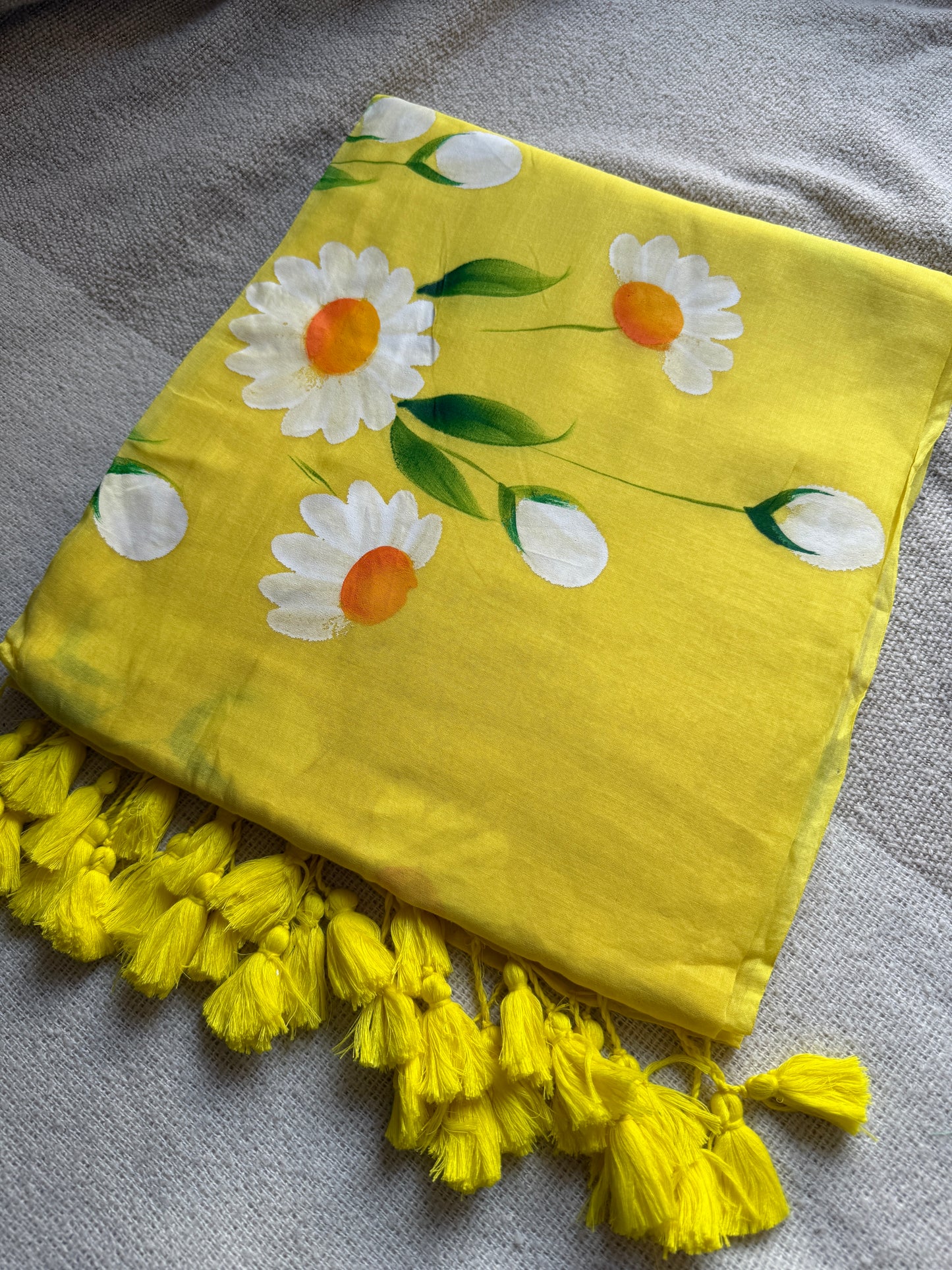 Daisy Handpainted Mul Cotton Yellow Saree
