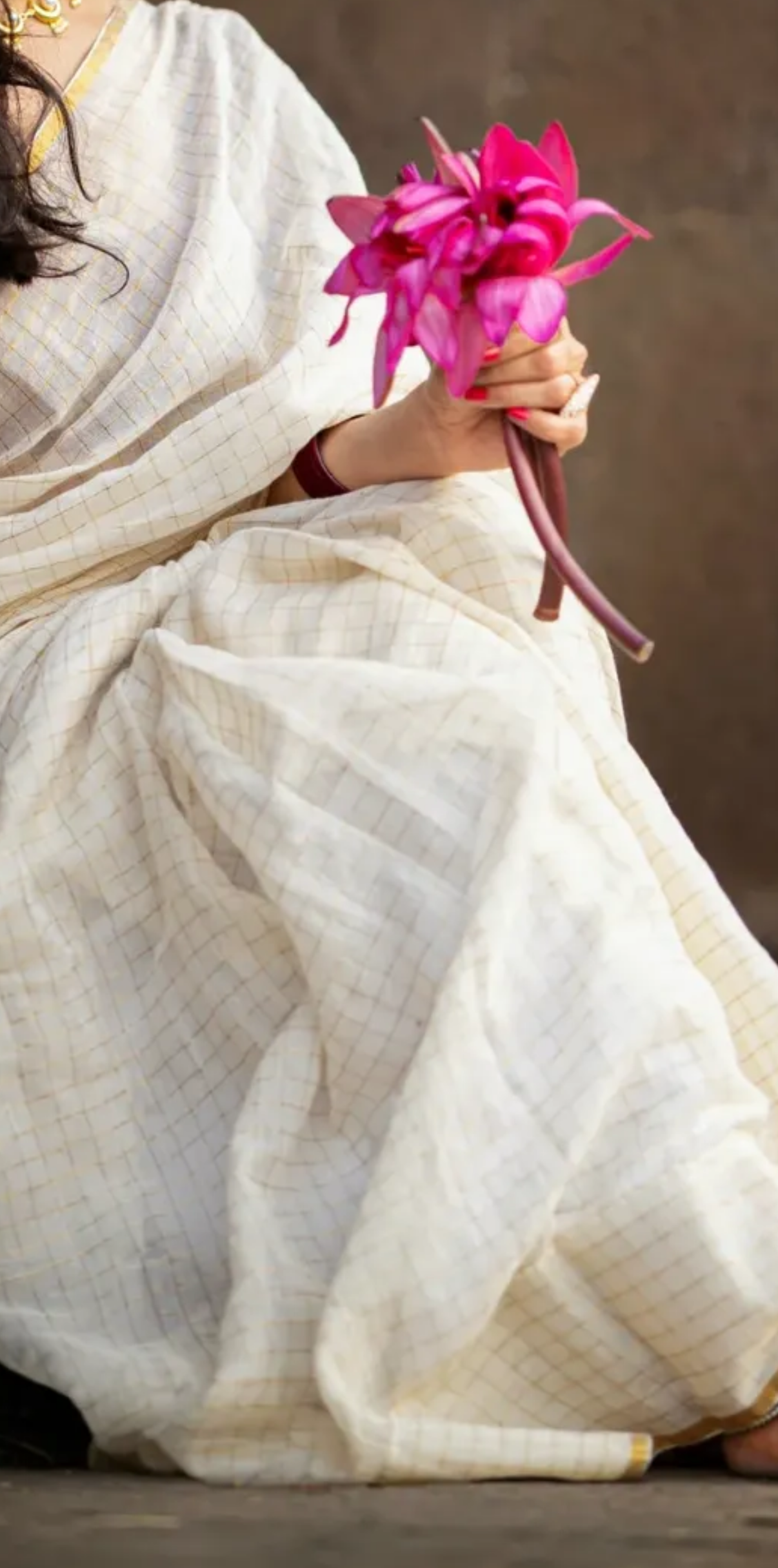 Off White Golden Checkered Saree