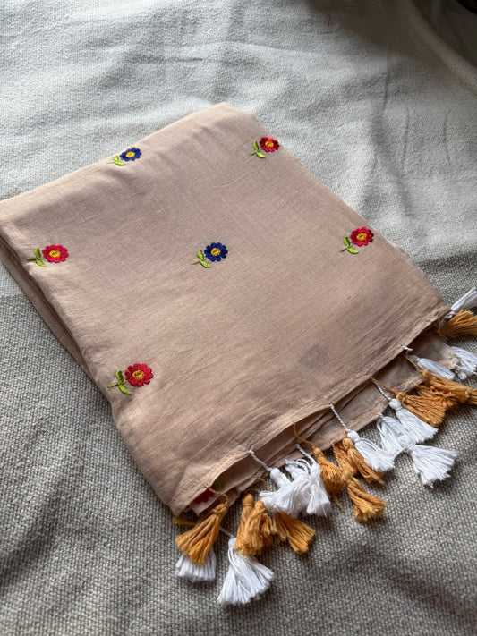 Floral Embroidered Cream Mul Cotton Saree