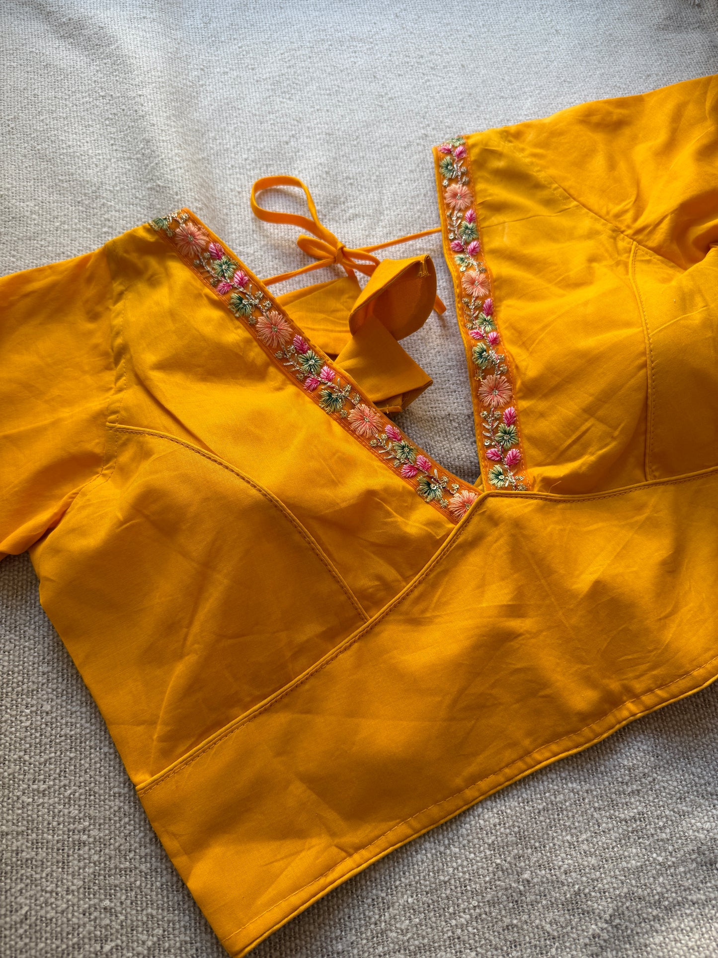 Yellow Deep V Neck Lace Blouse