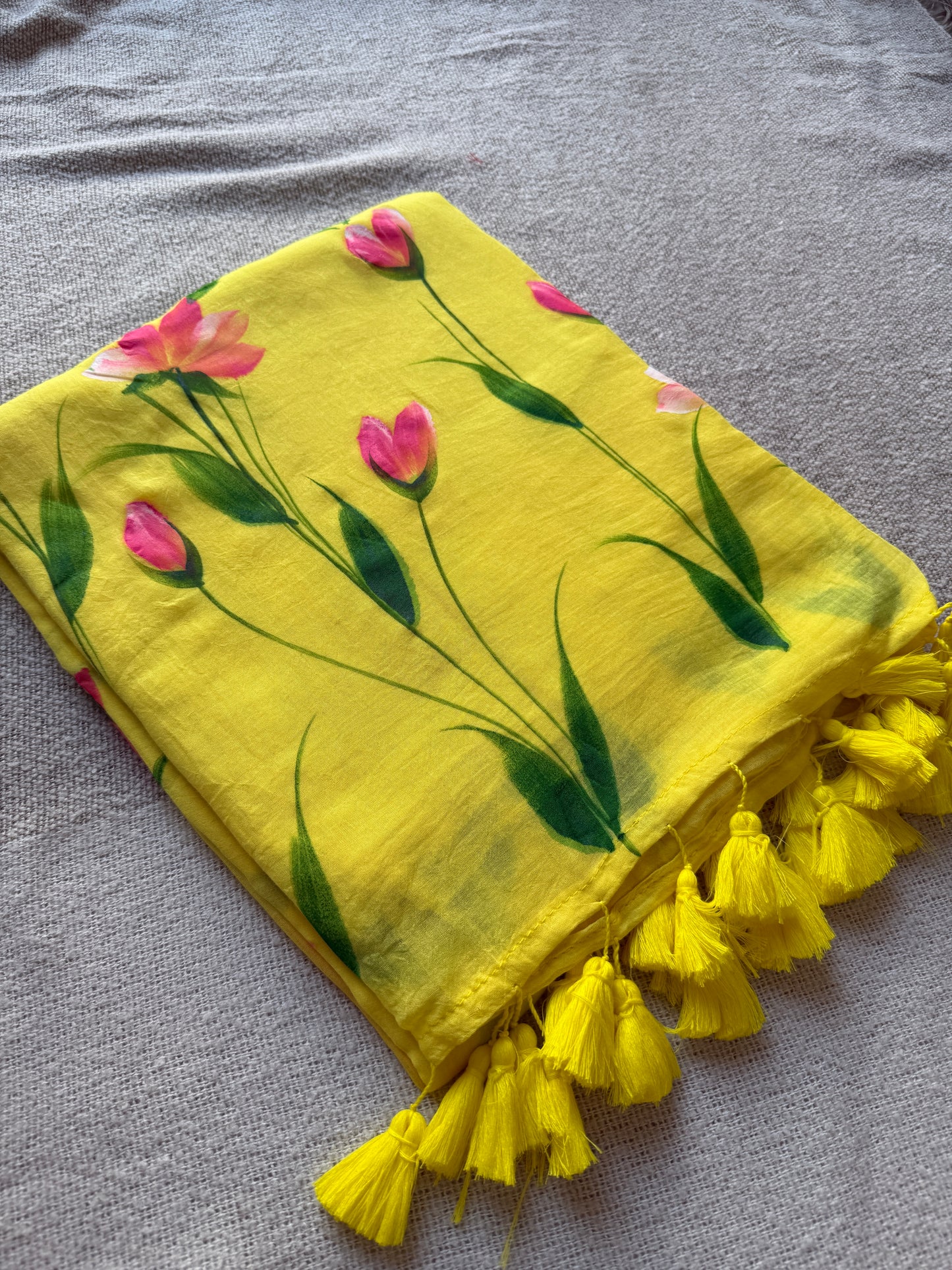 Yellow Handpainted Mul Cotton Saree