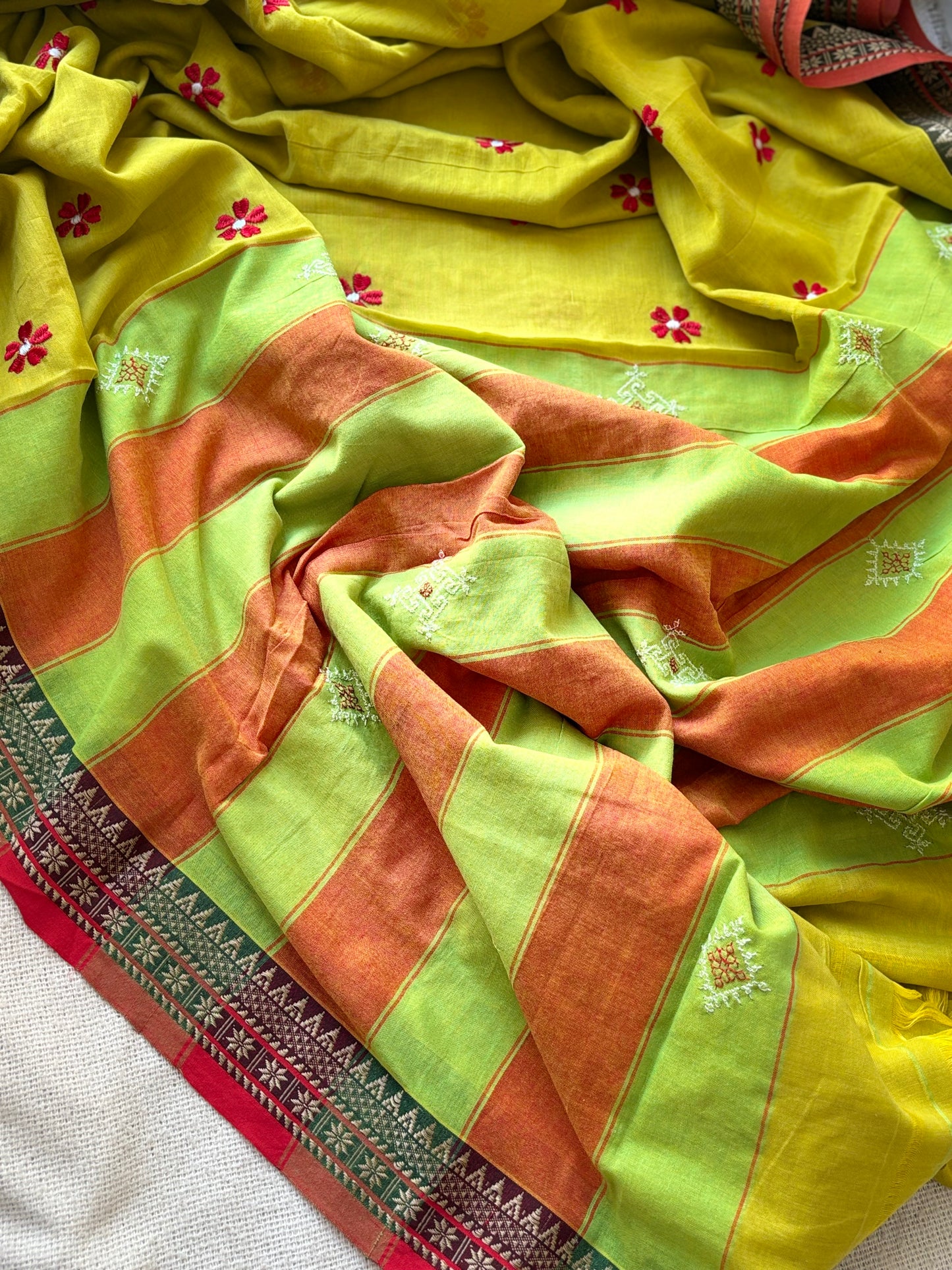Temple Border Sadafuli Yellow Saree