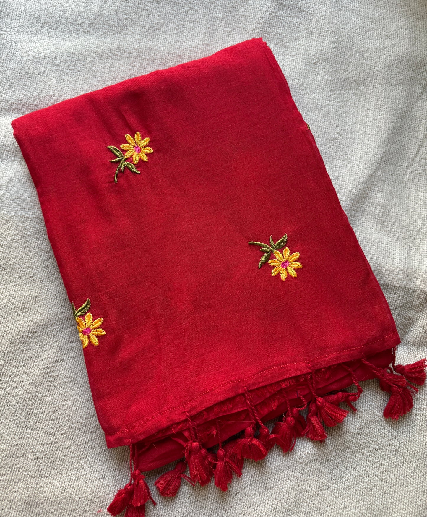 Daisy Embroidery Red Mul Cotton Saree