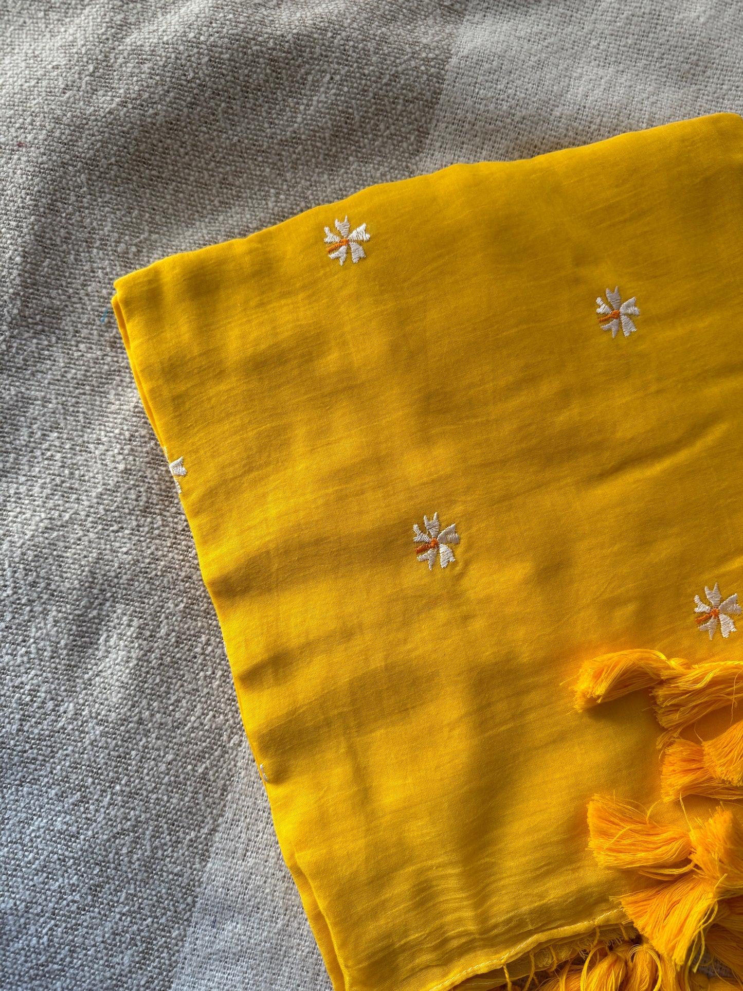 Yellow Parijaat Embroidered Mul Cotton Saree