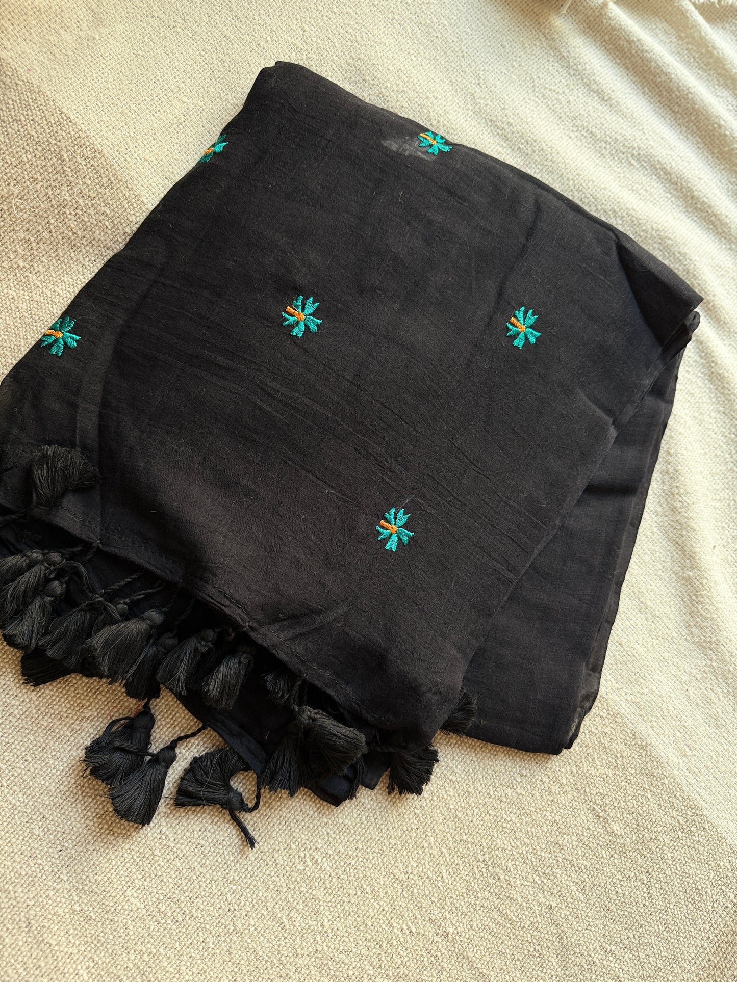 Black Mul Cotton Parijat Embroidered Saree