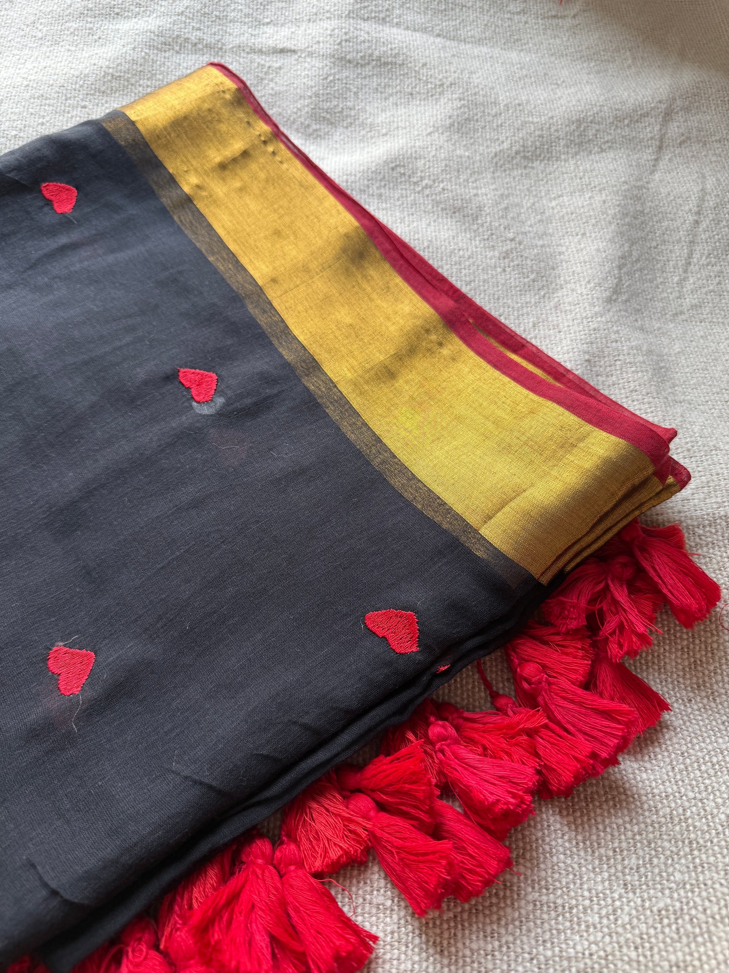 Red Heart Embroidered Black Zari Bordered Saree