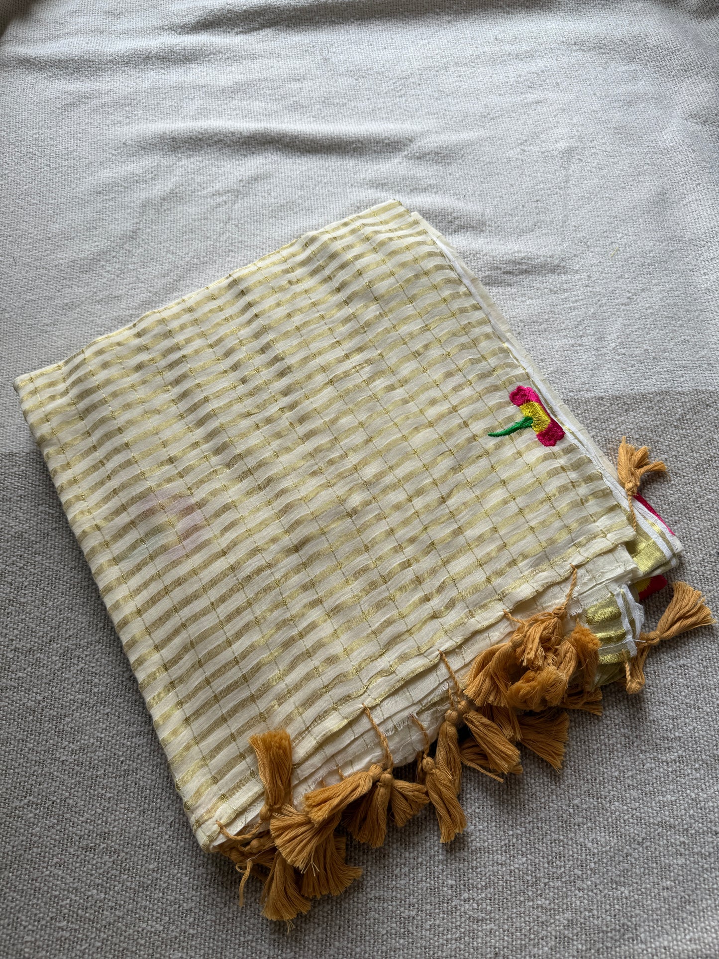 Flower Embroidered Golden Checkered Mul Cotton Saree