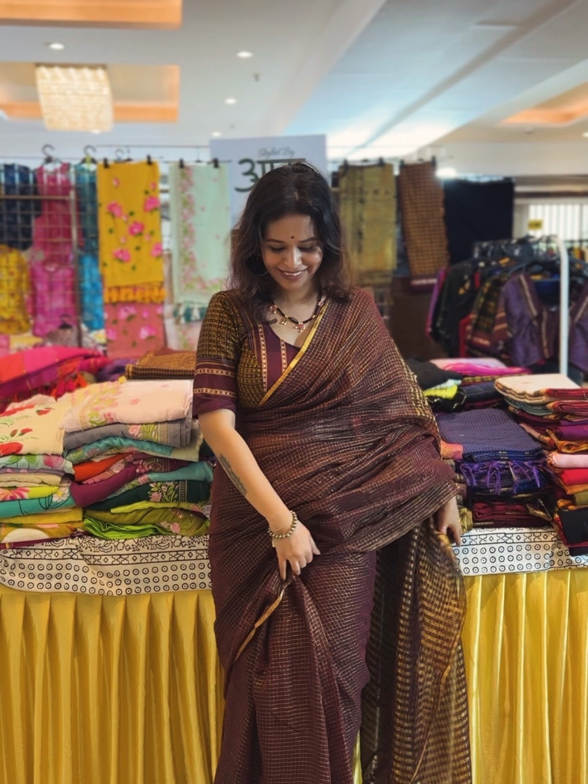 Maroon Golden Zari Checkered Sareee