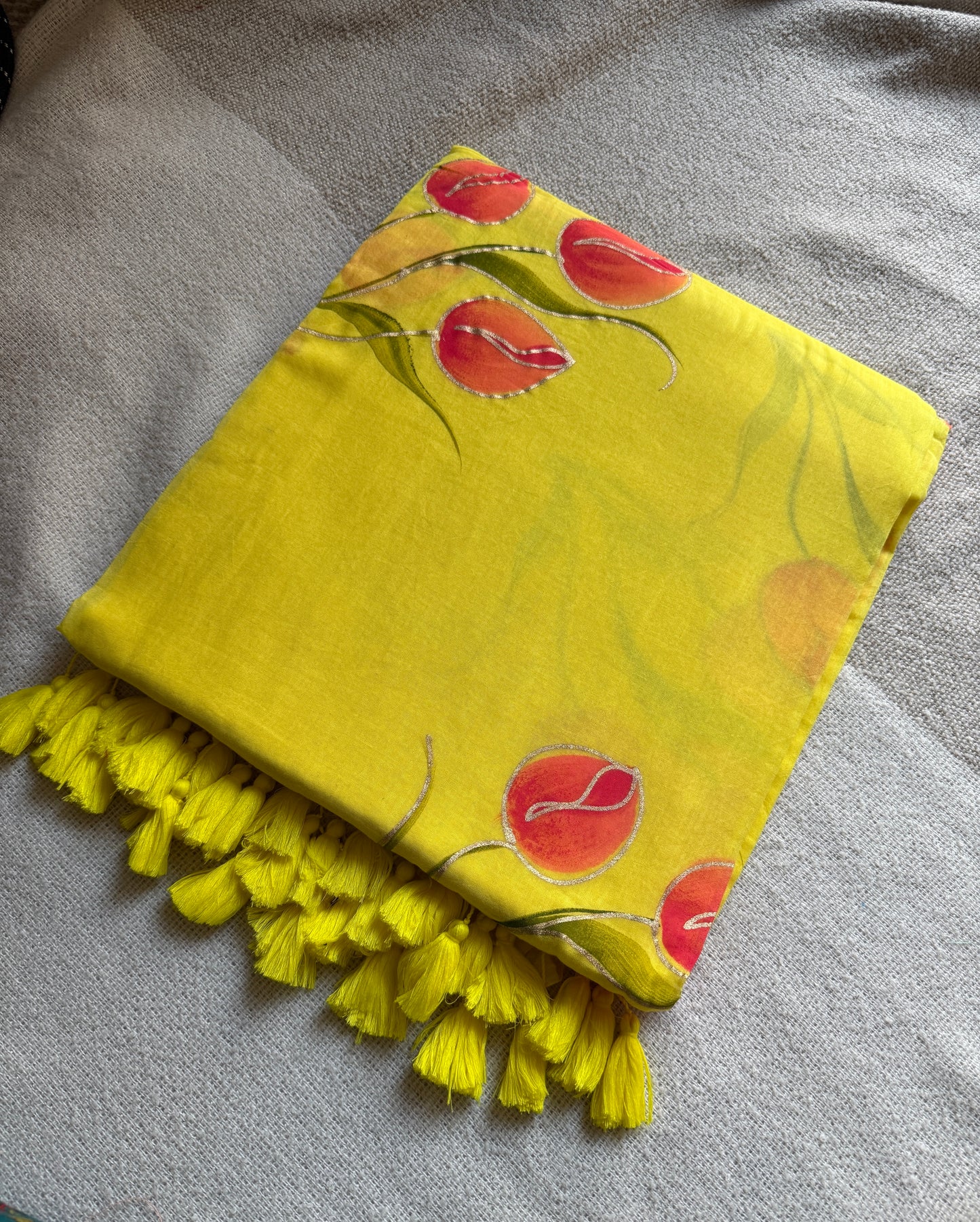 Handpainted Tulip Yellow Mul Cotton Saree