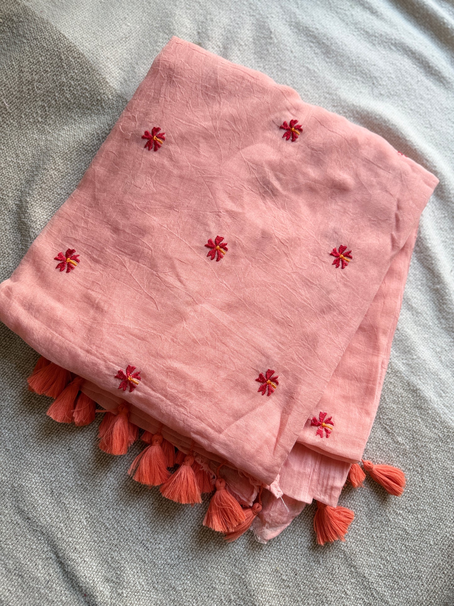 Peach Mul Cotton Contrast Parijaat Embroidered Saree