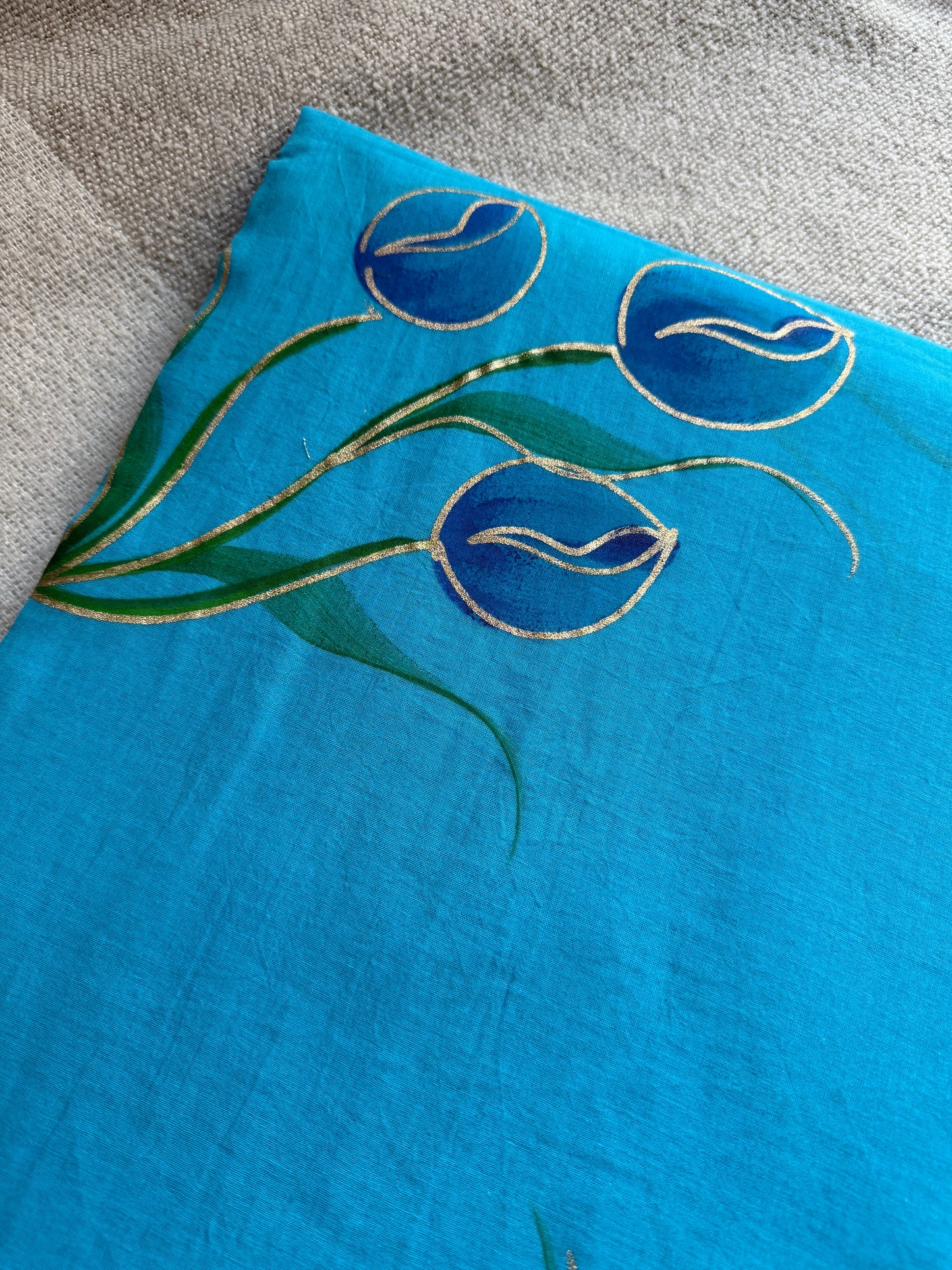 Handpainted Tulip Sky Blue Mul Cotton Saree