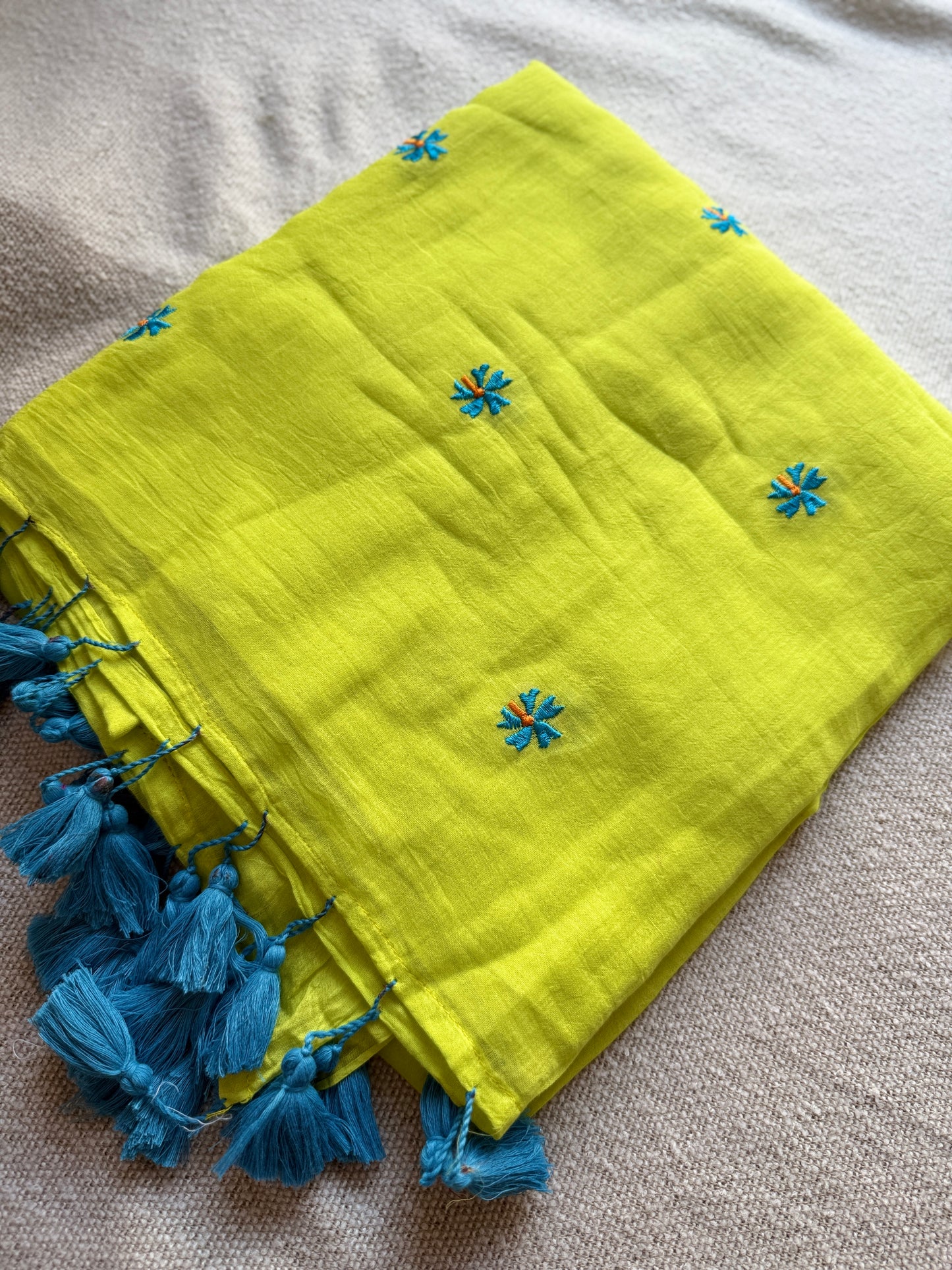 Neon Green Contast Parijaat Embroidered Saree