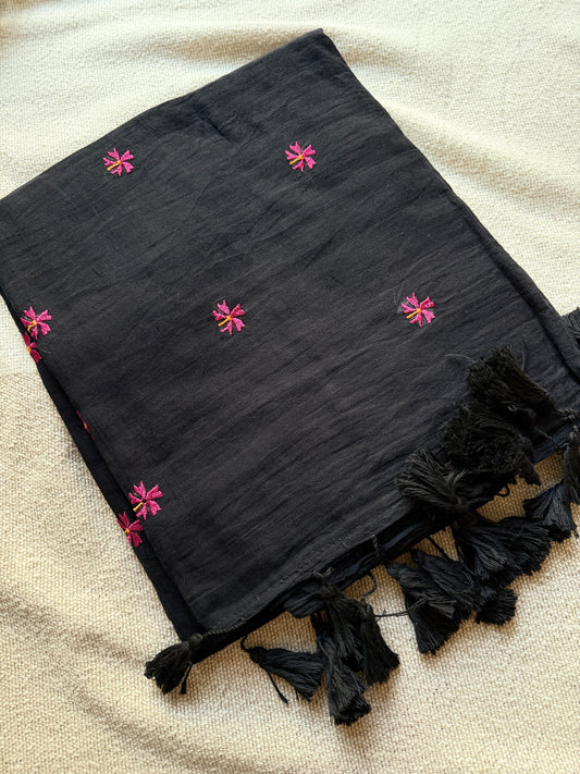 Black Mul Cotton Contrast Parijaat Embroidered Saree