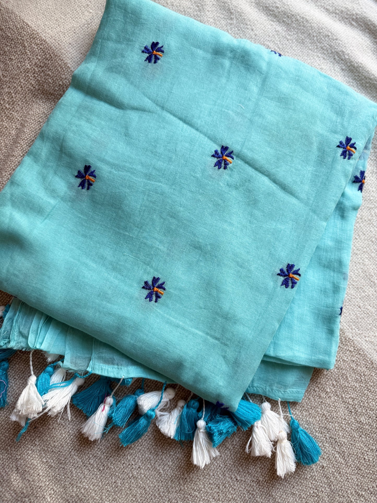 Parijaat Aqua Blue Mul Cotton Saree