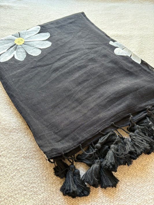 Black Sunflower Handpainted Mul Cotton Saree