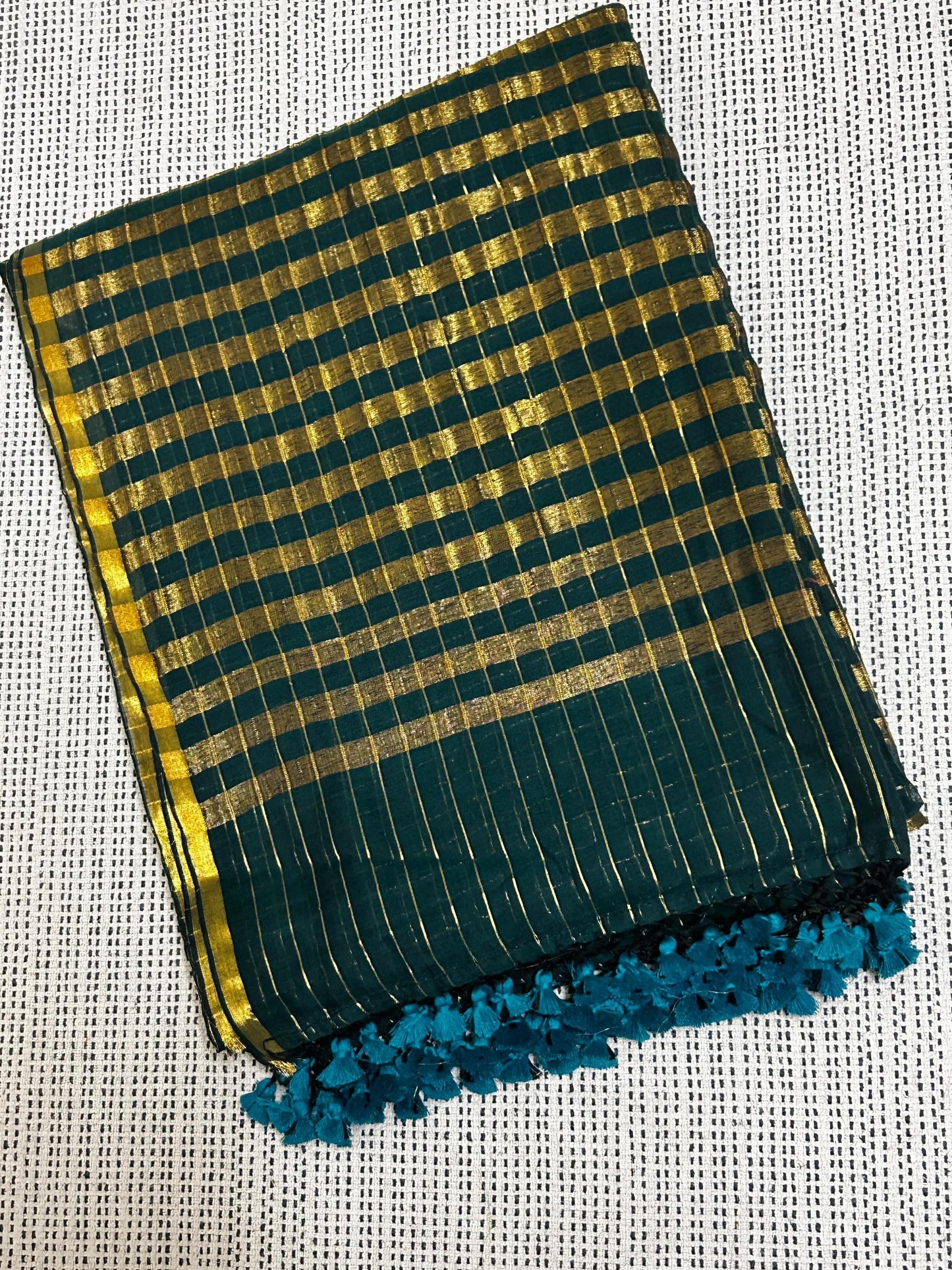 Bottle Green Golden Zari Checkered Sareee