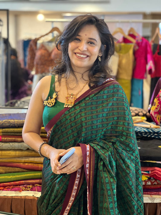 Hati Mor Green With Maroon Border Khun saree