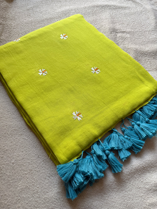 Neon Green Parijaat Mul Cotton Saree