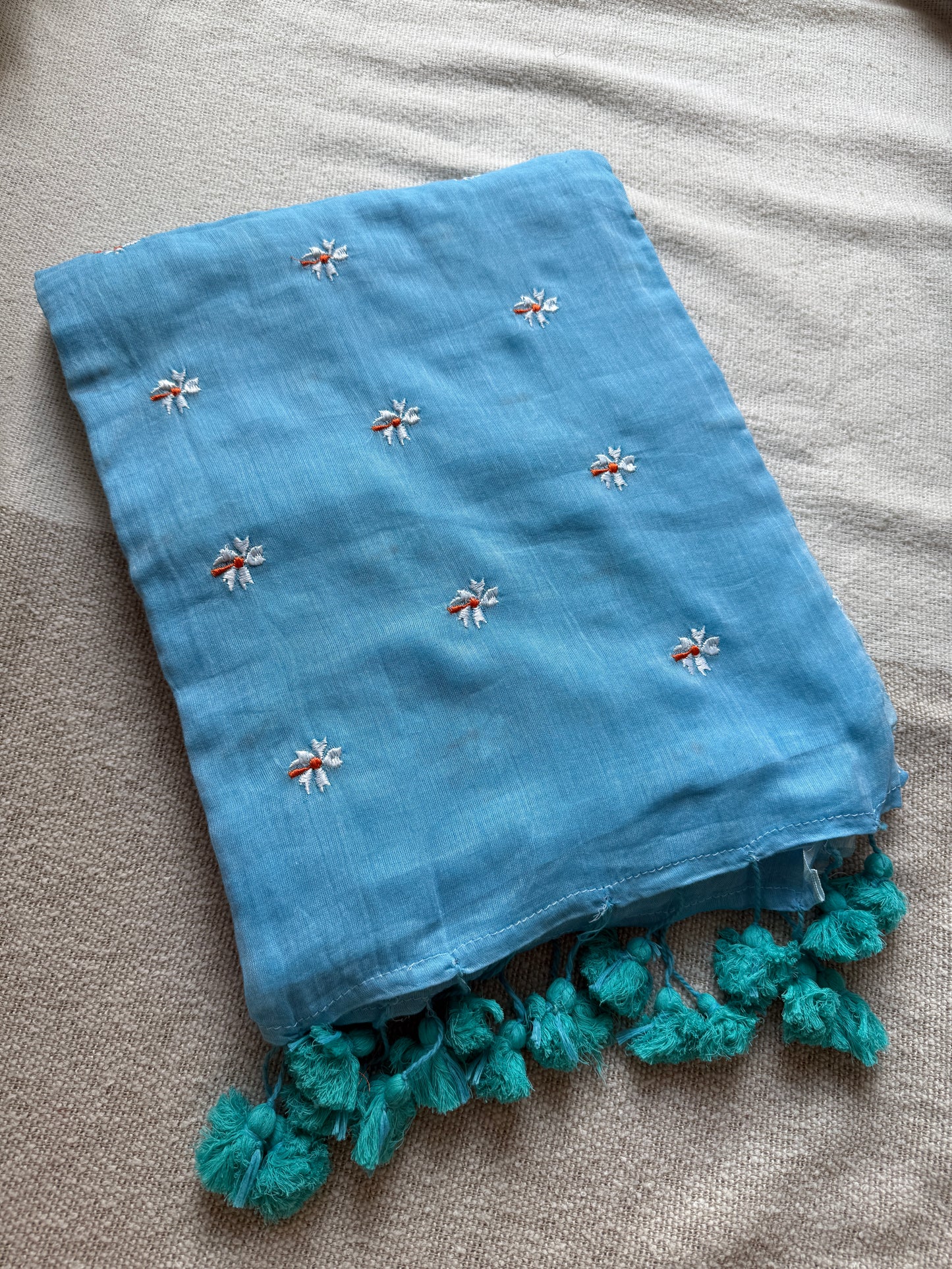 Sky Blue Parijaat Embroidered Mul Cotton Saree