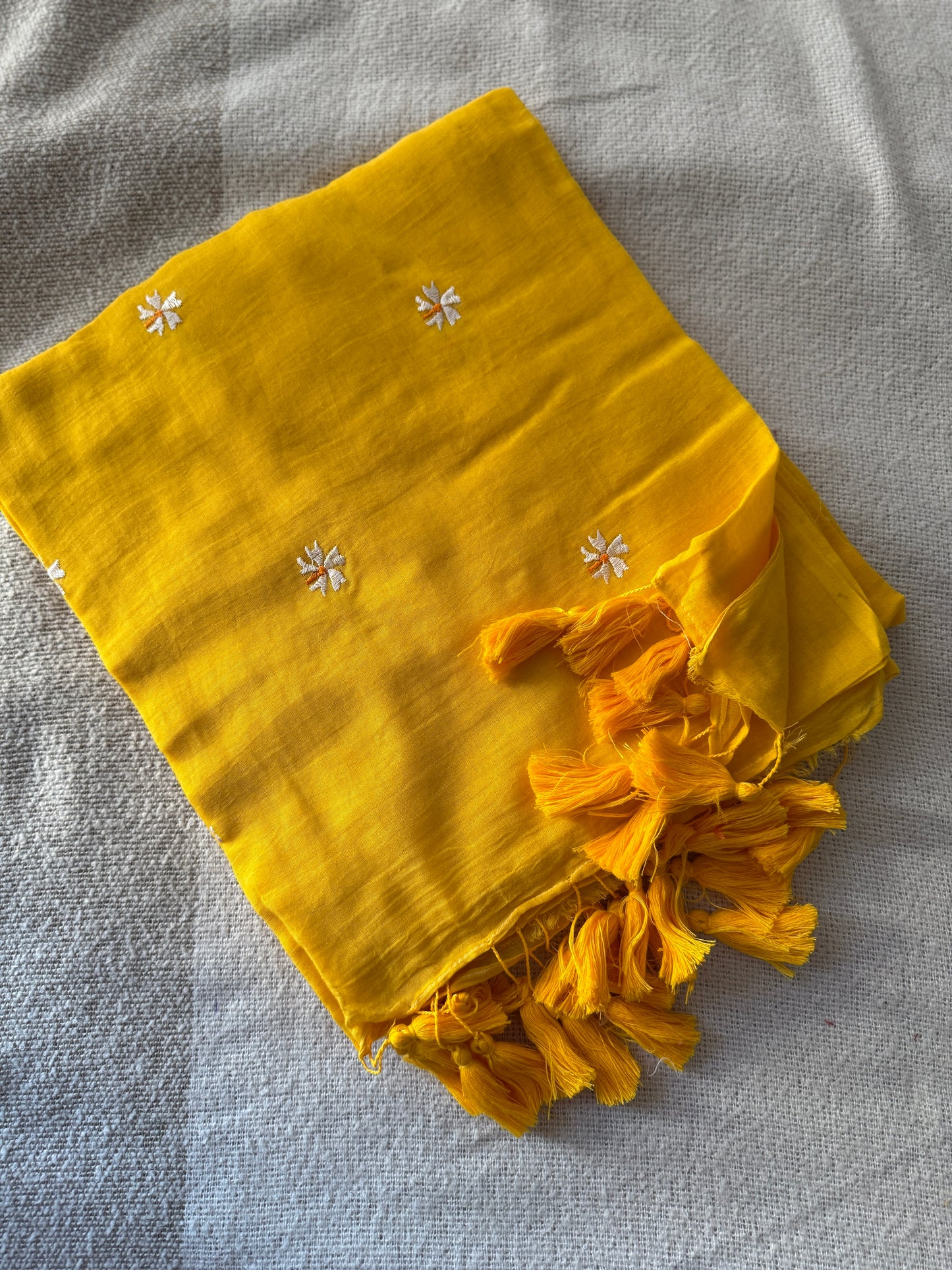 Yellow Parijaat Embroidered Mul Cotton Saree