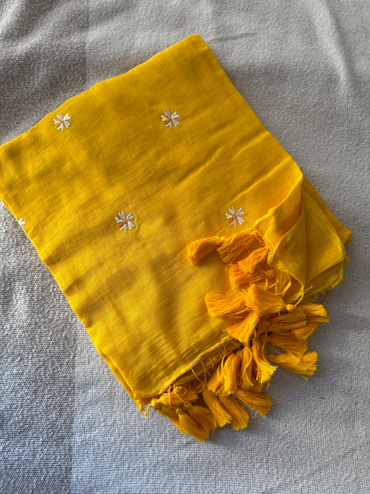 Yellow Parijaat Embroidered Mul Cotton Saree