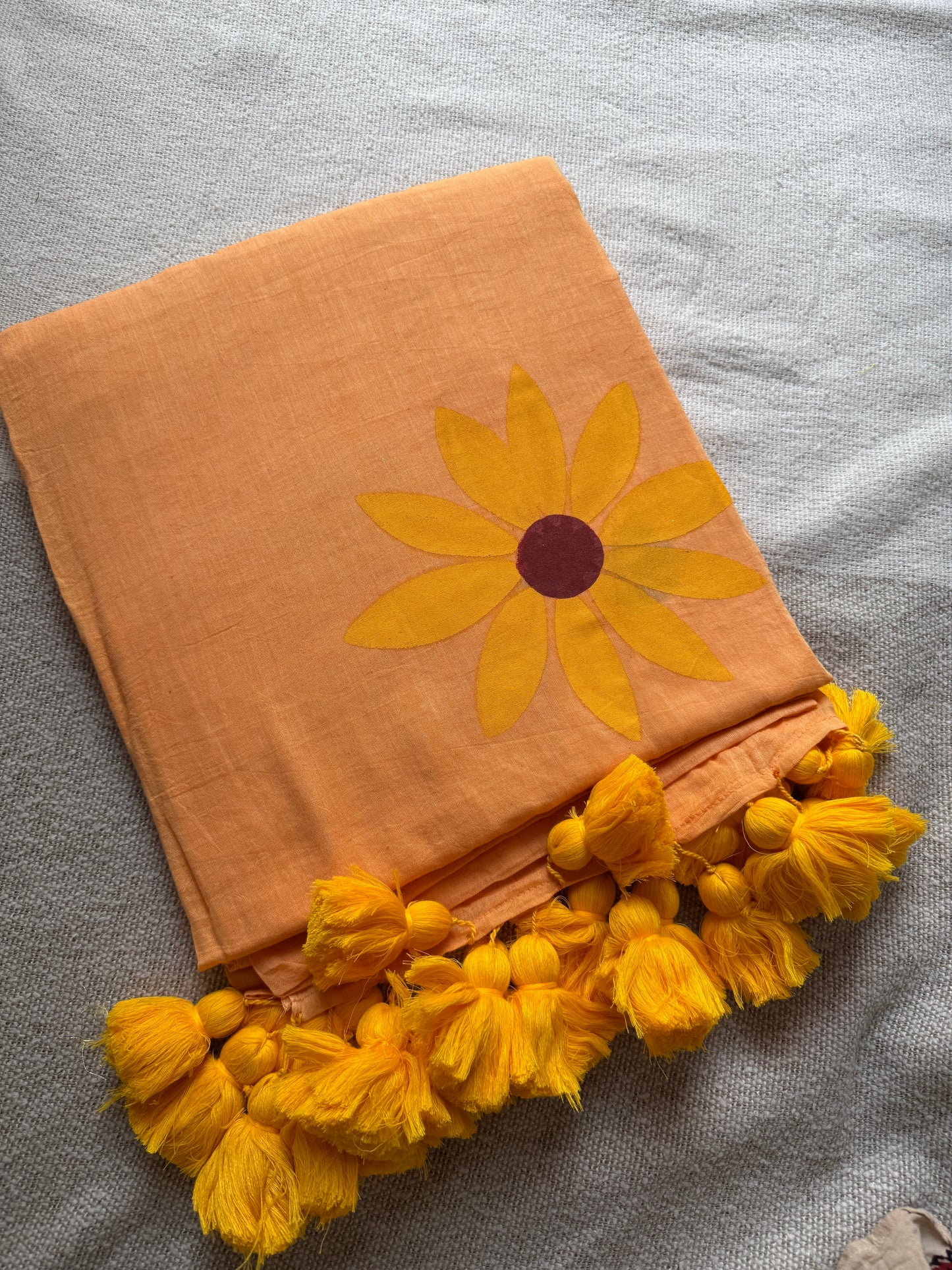 Handpainted Sunflower Peach / Orange Mul Cotton Saree