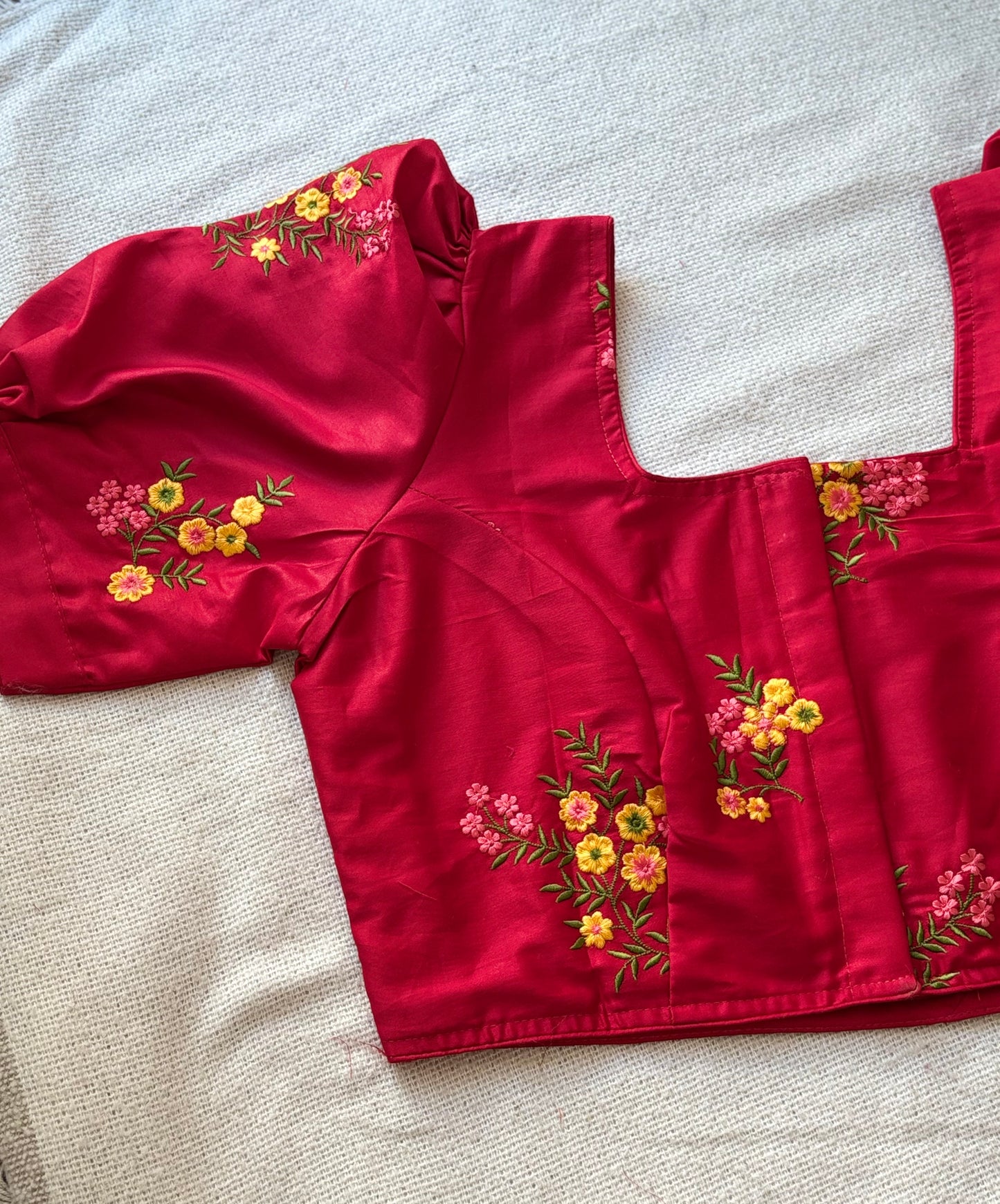 Puff Sleeves Red Blouse with Floral Embroidery 🌸
