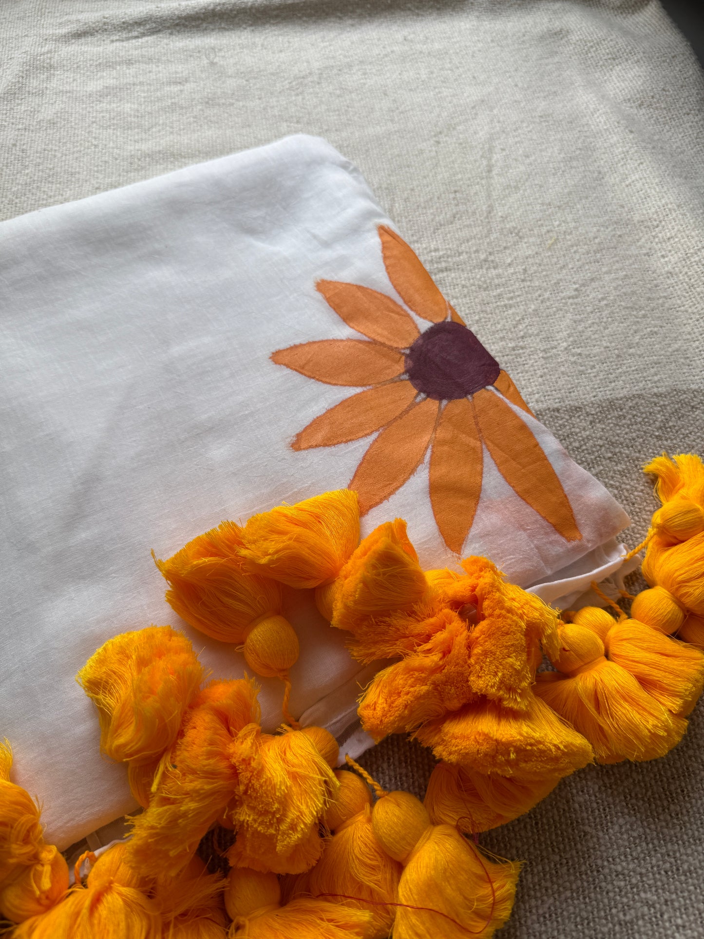 Handipainted Sunflower White Mul Cotton Saree