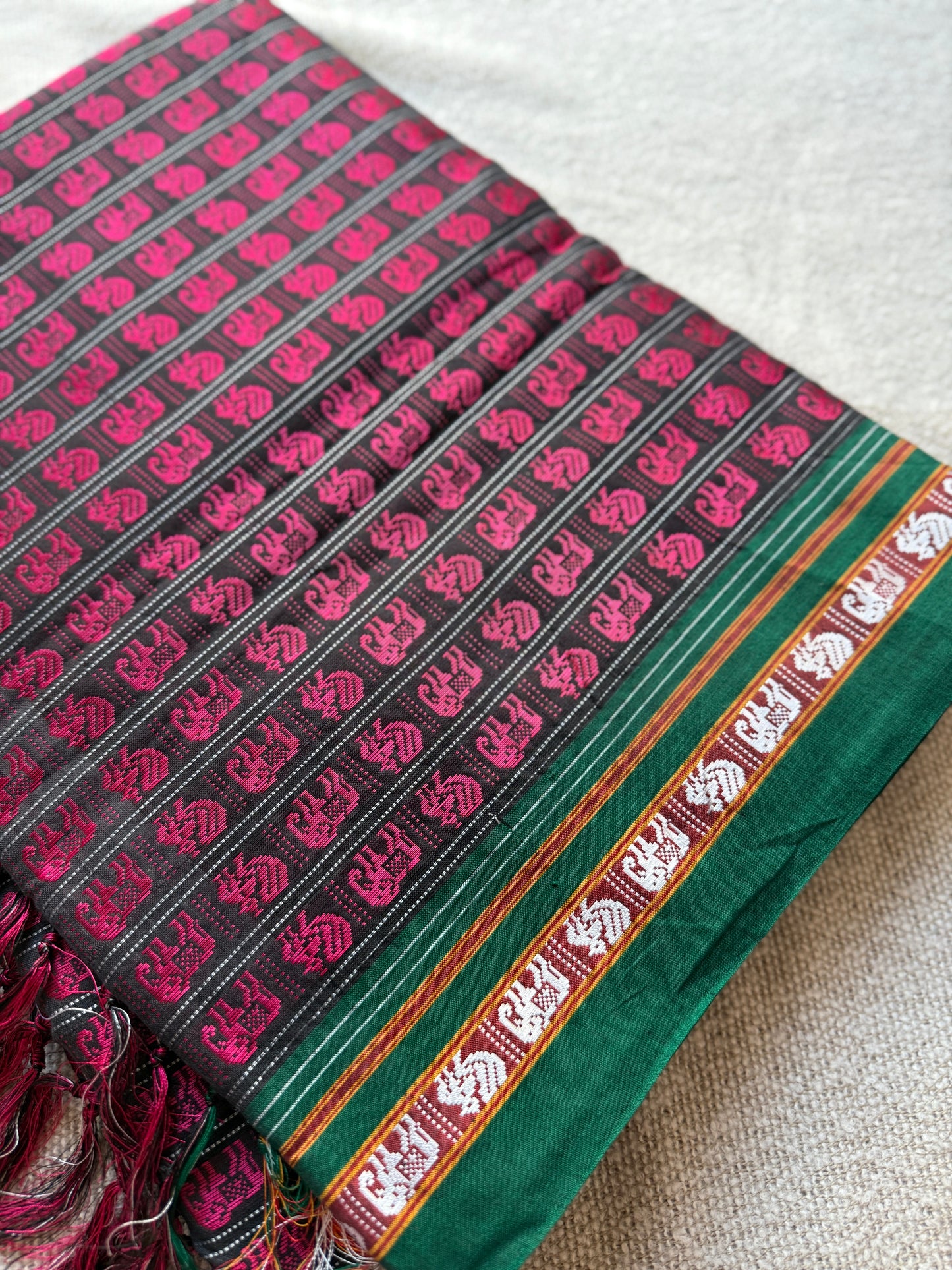 Hati Mor Pink with Green Border Khunn Saree