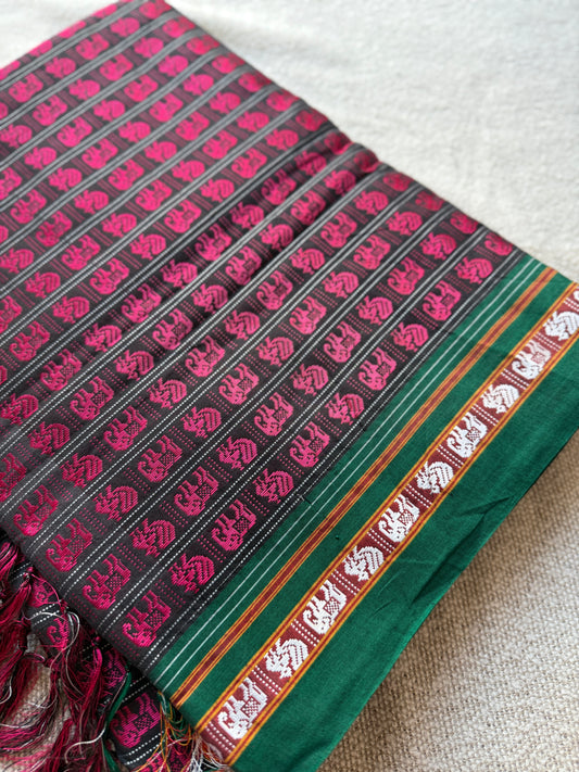 Hati Mor Pink with Green Border Khunn Saree