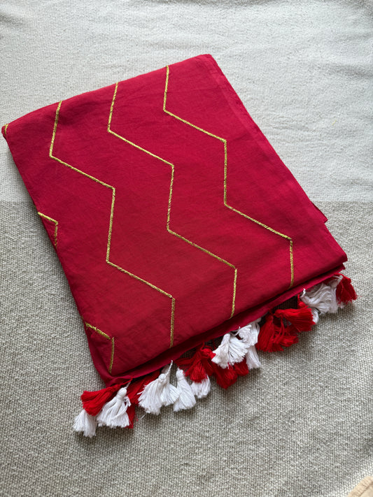 Red ZigZag Zari Work Mul Cotton Saree