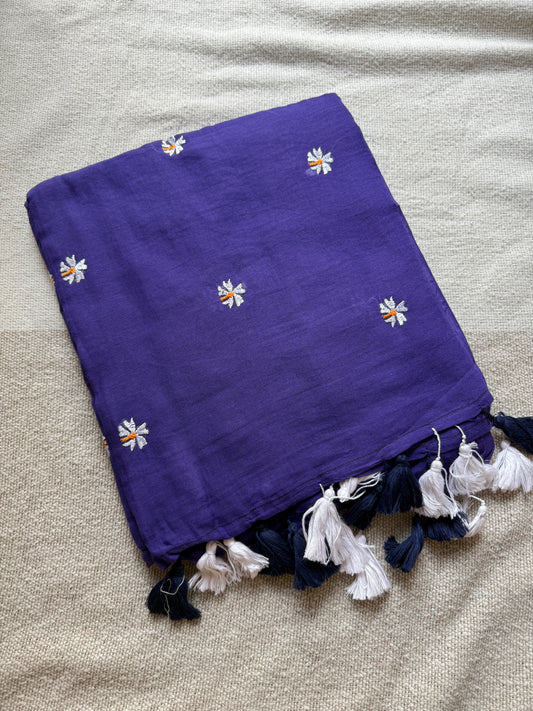 Blue Parijaat Embroidered Mul Cotton Saree