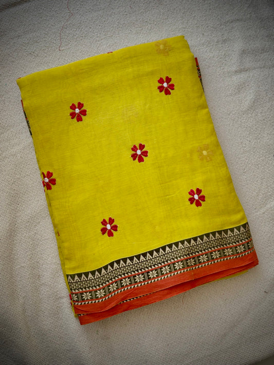 Temple Border Sadafuli Yellow Saree