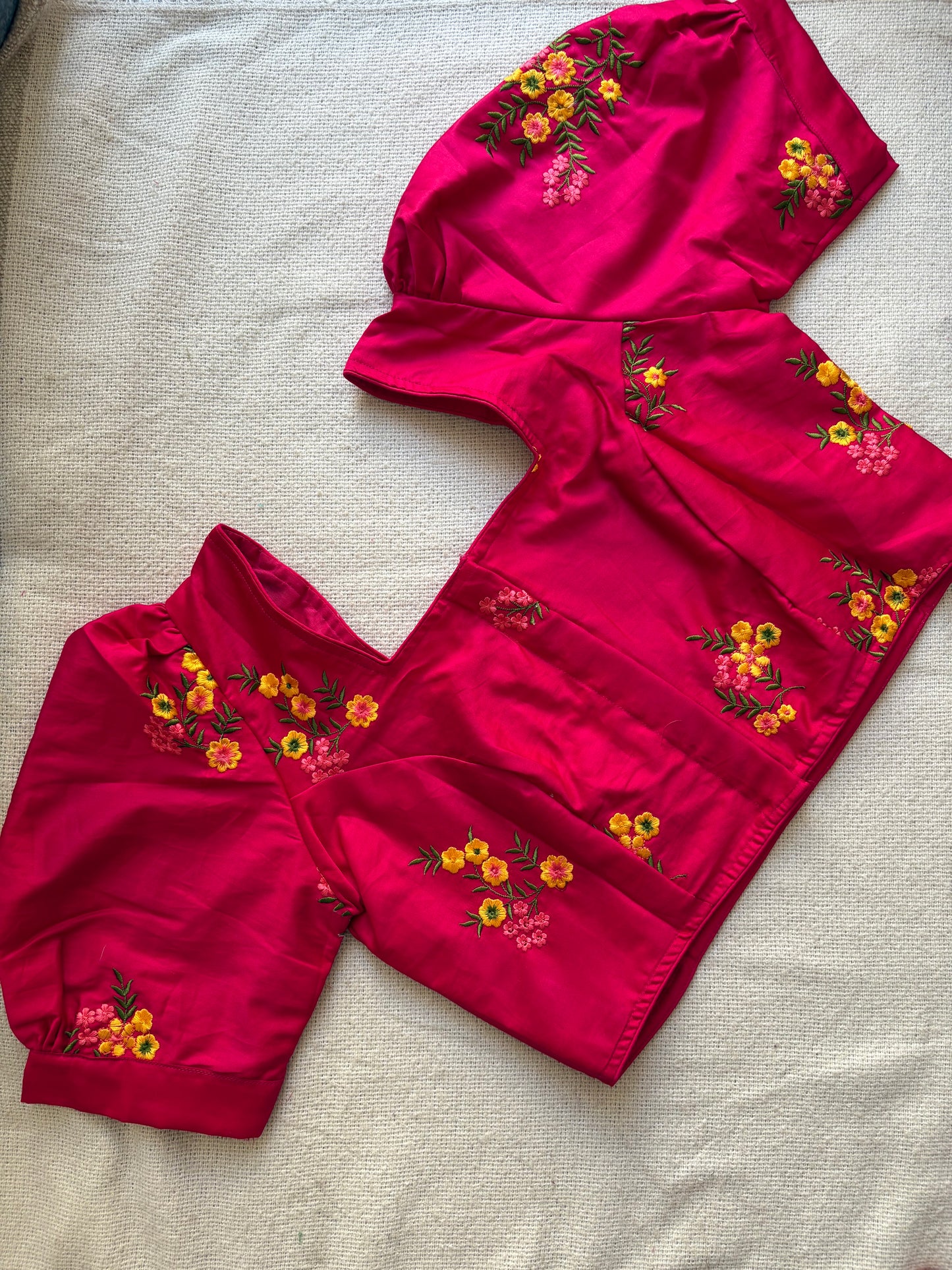 Puff Sleeves Hot Pink Blouse with Floral Embroidery 🌸