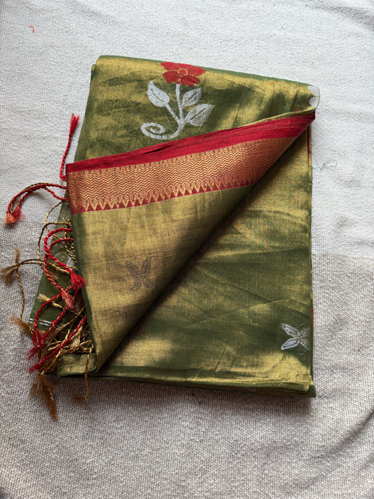 Olive Green Golden Red Border Tissue Saree