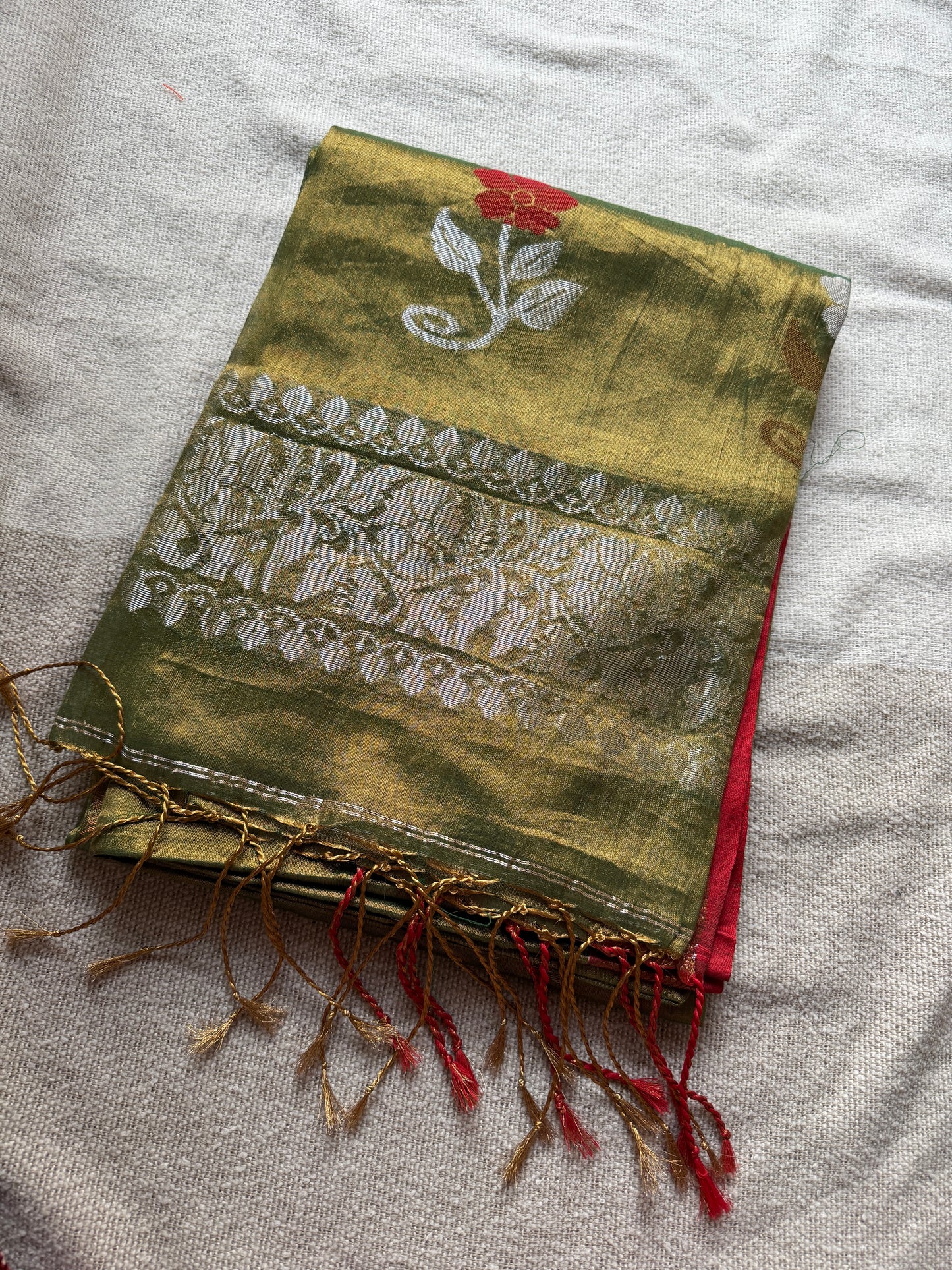 Olive Green Golden Red Border Tissue Saree