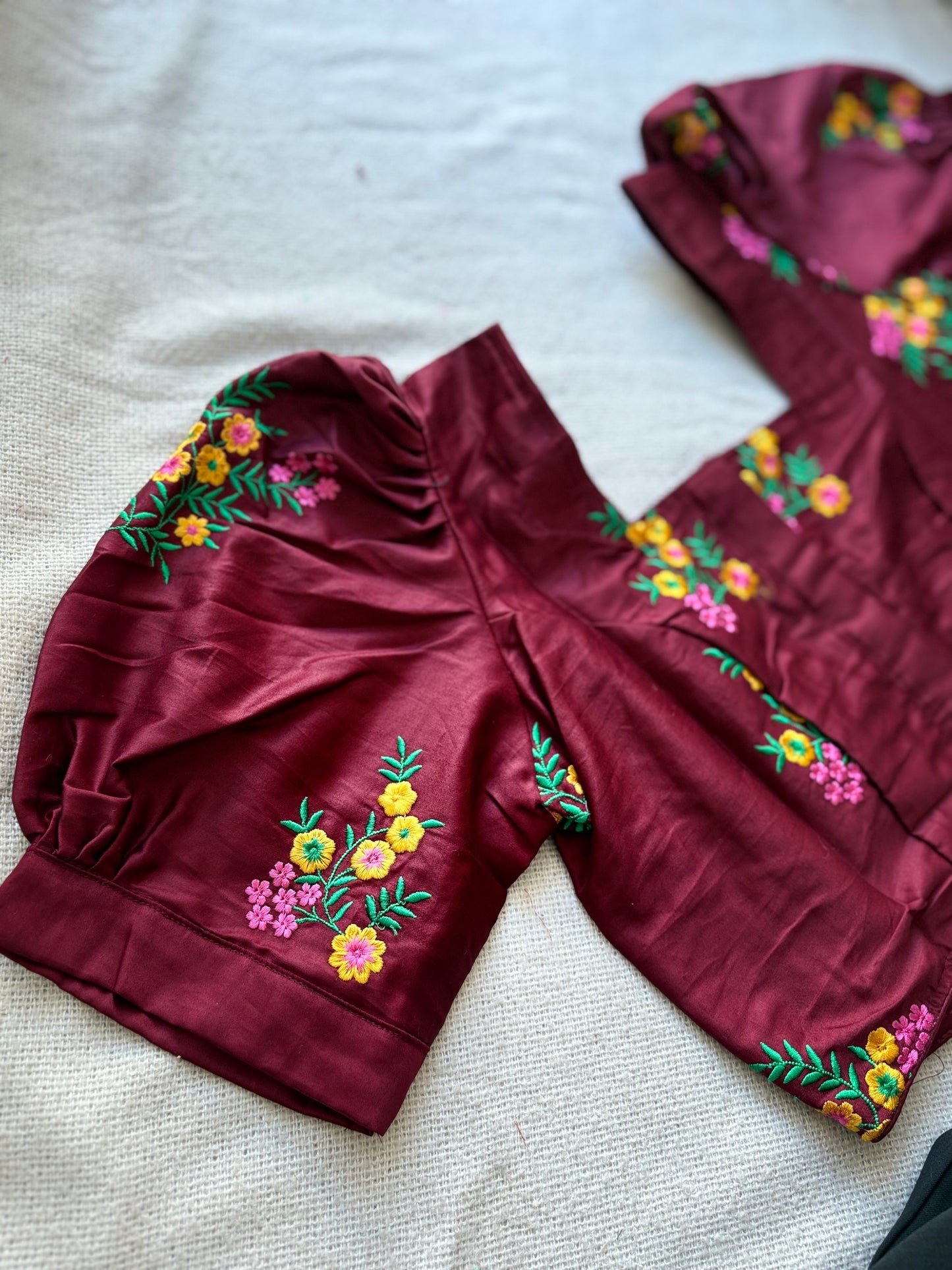 Puff Sleeves Maroon Blouse with Floral Embroidery 🌸