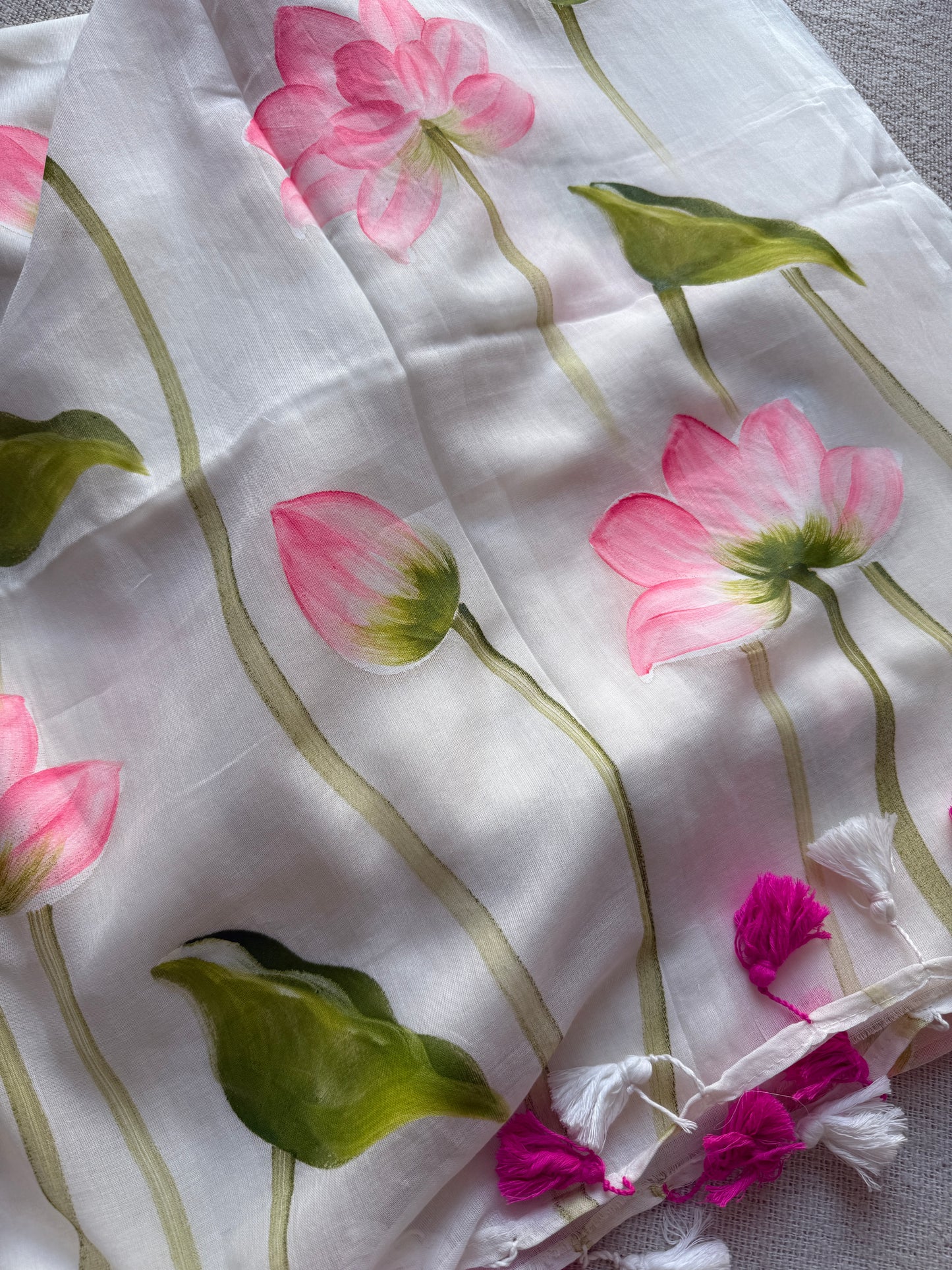 Lotus Handpainted White Mul Cotton Saree