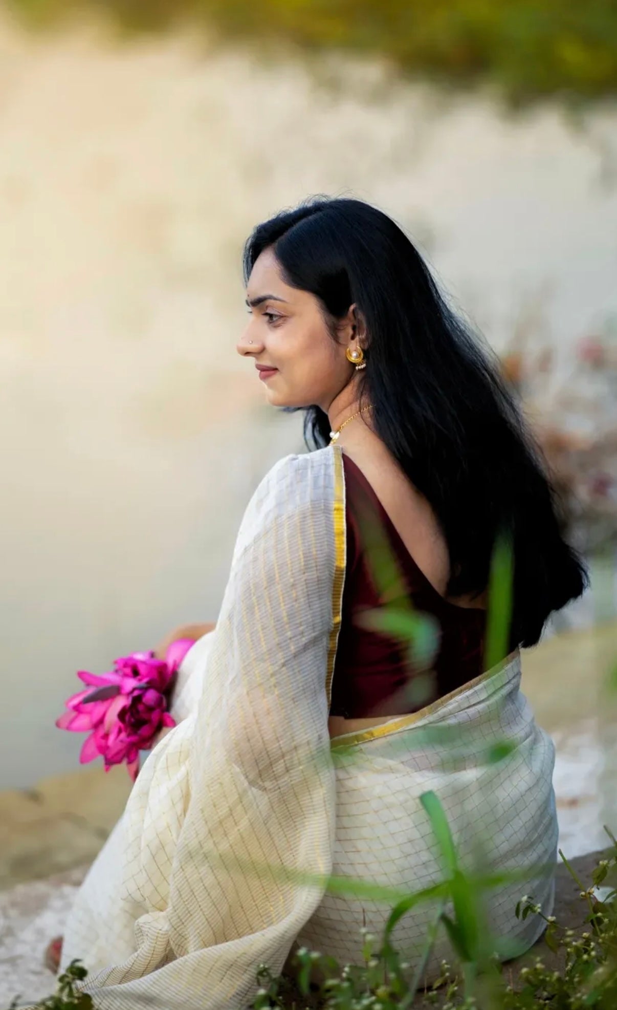 Off White Golden Checkered Saree