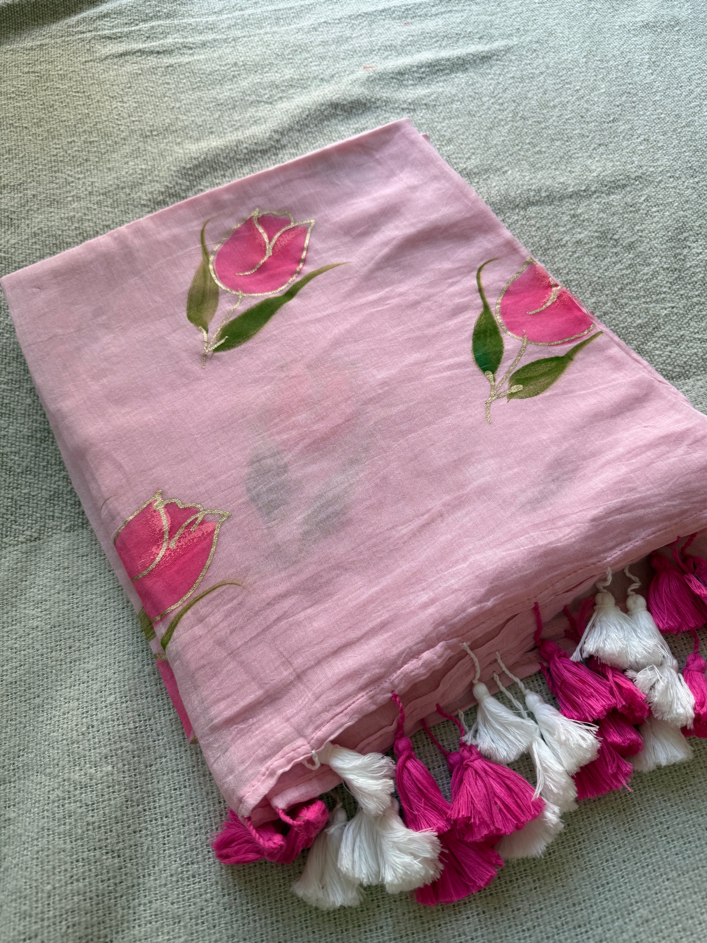 Rose Handpainted Pink Mul Cotton Saree