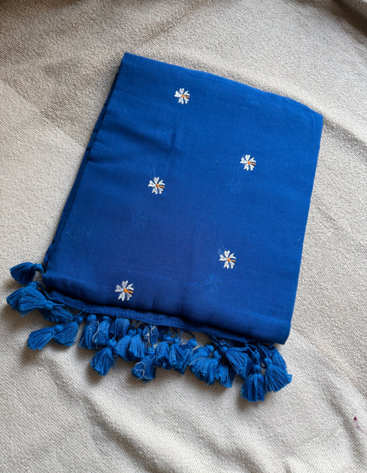 Blue Parijaat Embroidered Mul Cotton Saree