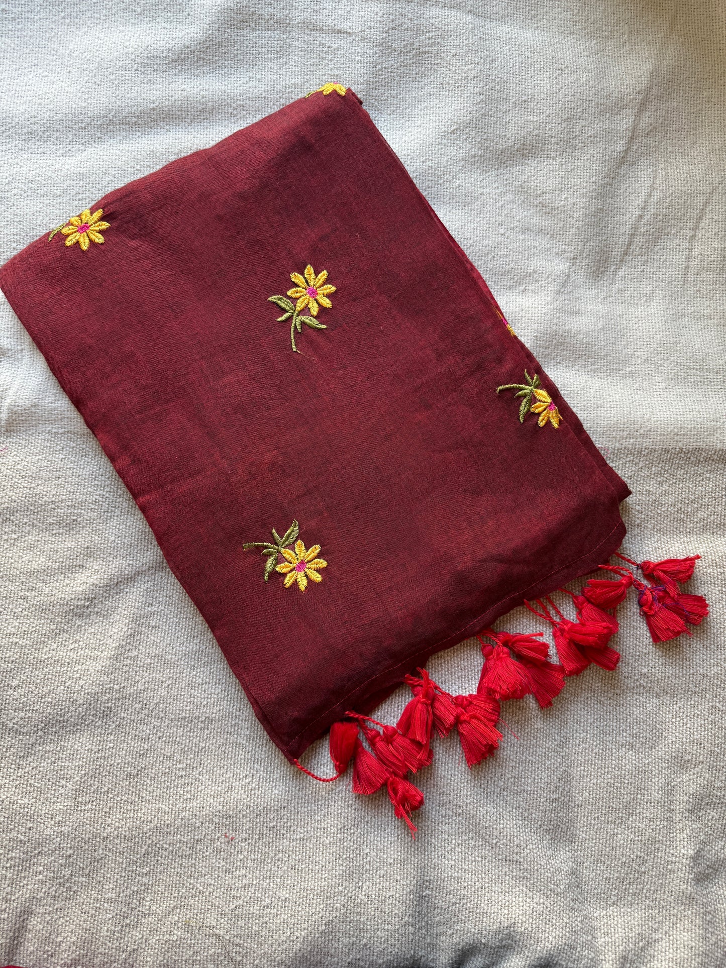 Daisy Embroidered Maroon Mul Cotton Saree