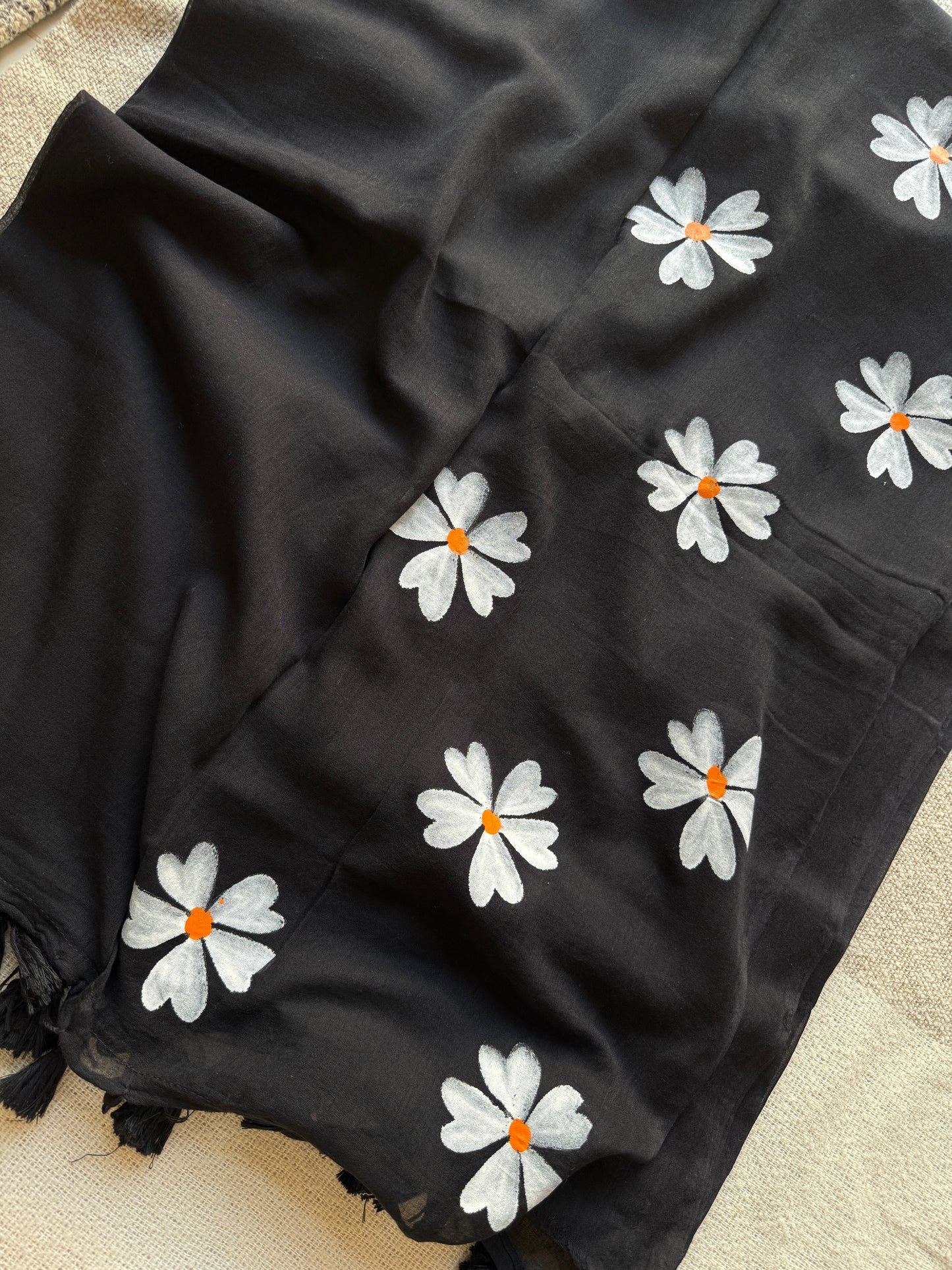 Parijaat Handpained Black Mul Cotton Saree